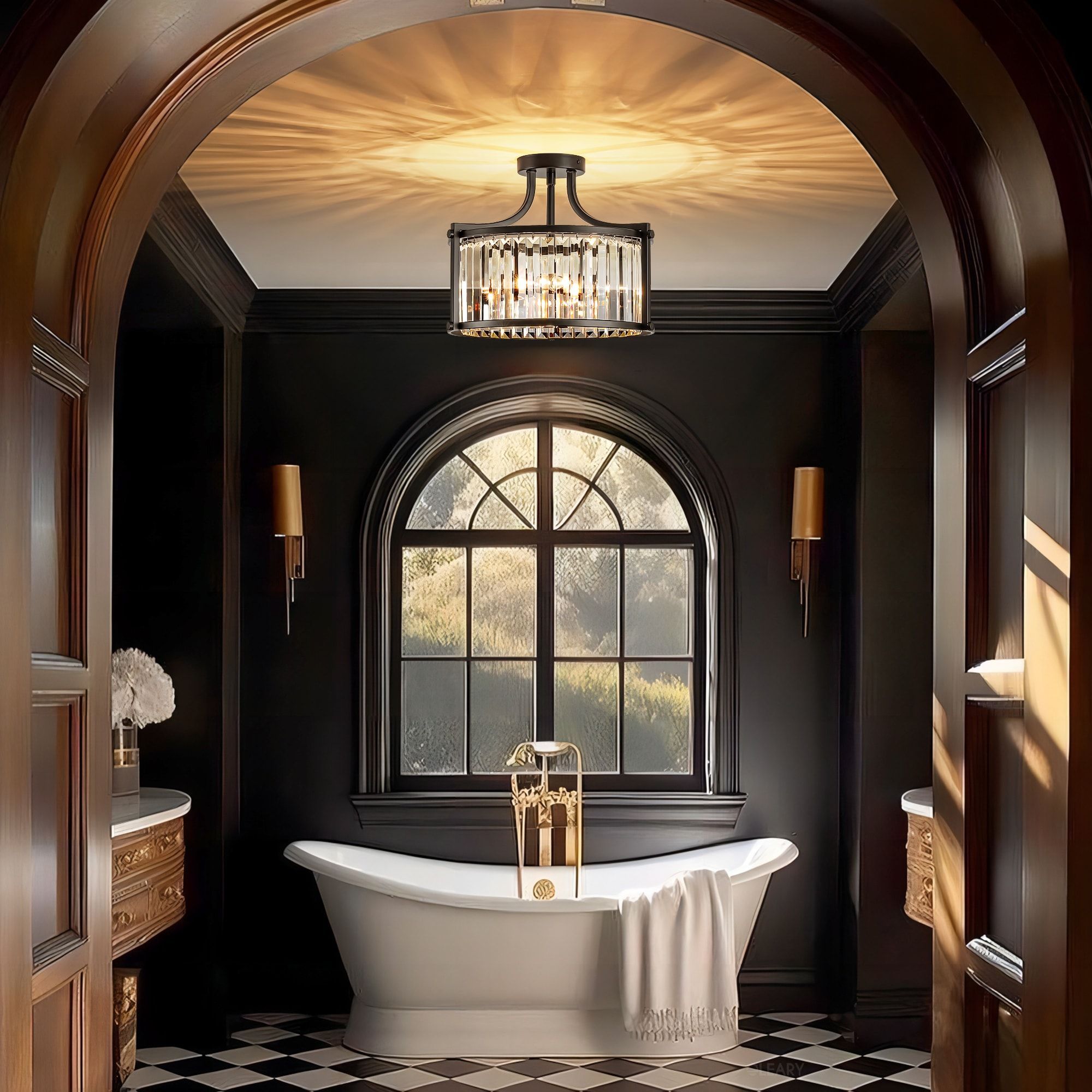 Opulent classic hotel bathroom featuring a pristine white freestanding bathtub positioned under a large arched window, complemented by a gold floor-mounted faucet, a brilliant crystal chandelier, and a timeless black and white checkered floor, viewed through a dark wood archway.