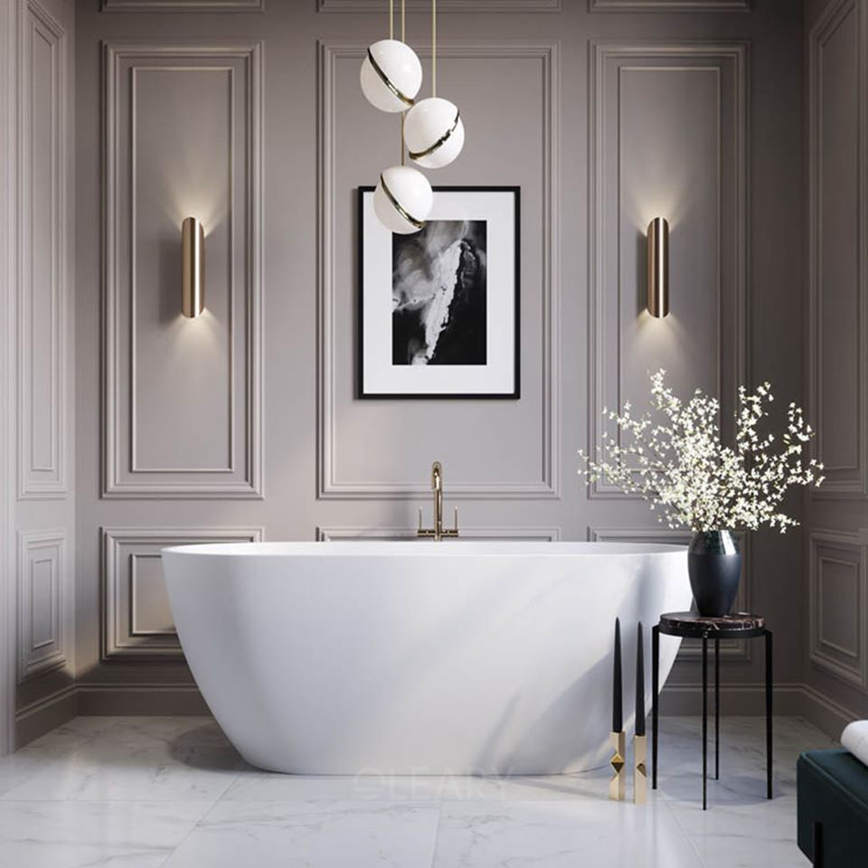 Neutral Wall Panels and Sculptural Lighting Accentuate the Modern Luxury of This High-End Bathroom