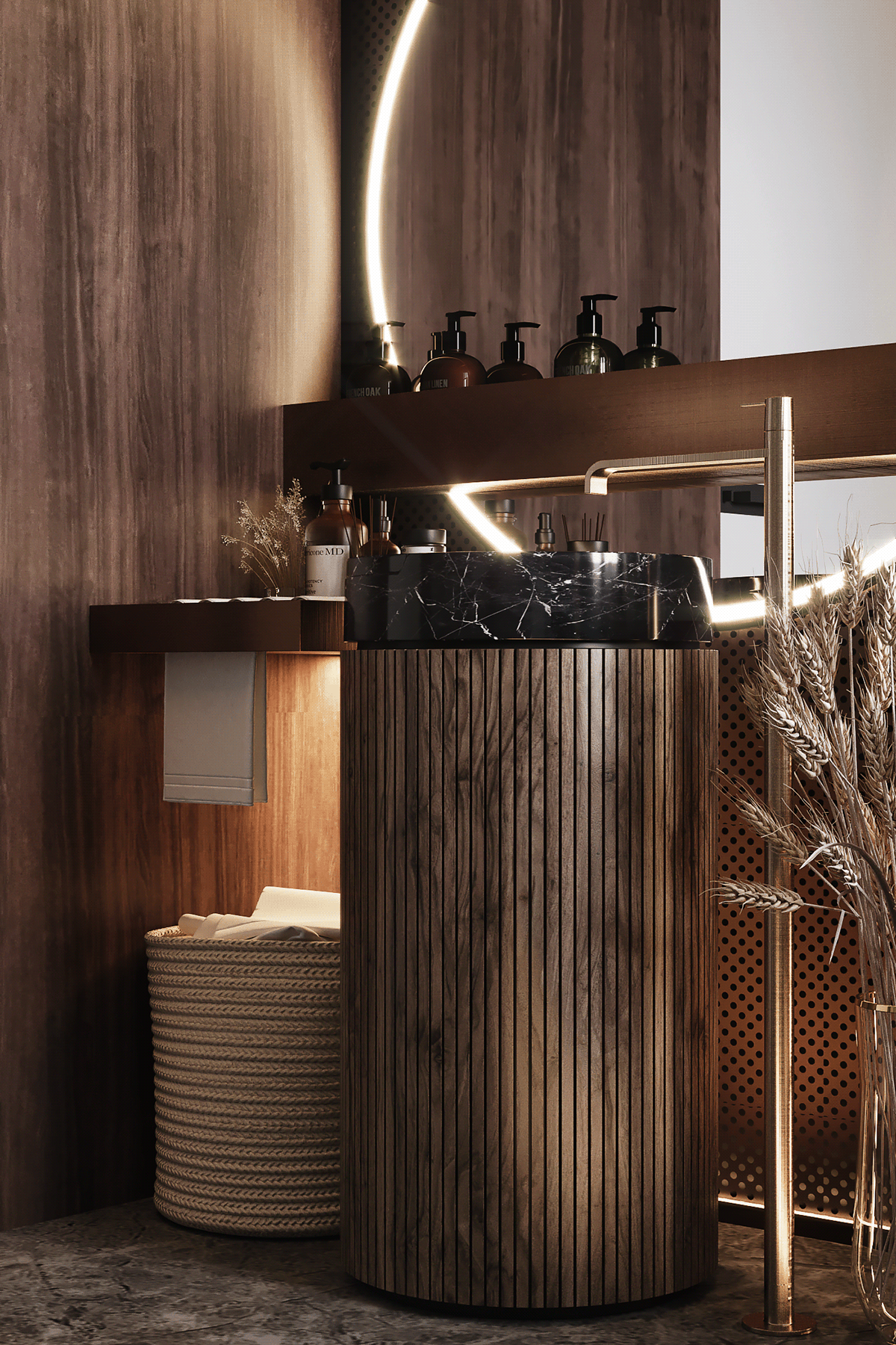 A luxury boutique hotel bathroom featuring a freestanding pedestal sink with a dark fluted wood base and a black marble basin with white veining, illuminated by warm integrated LED lighting, creating a sophisticated and inviting ambiance.