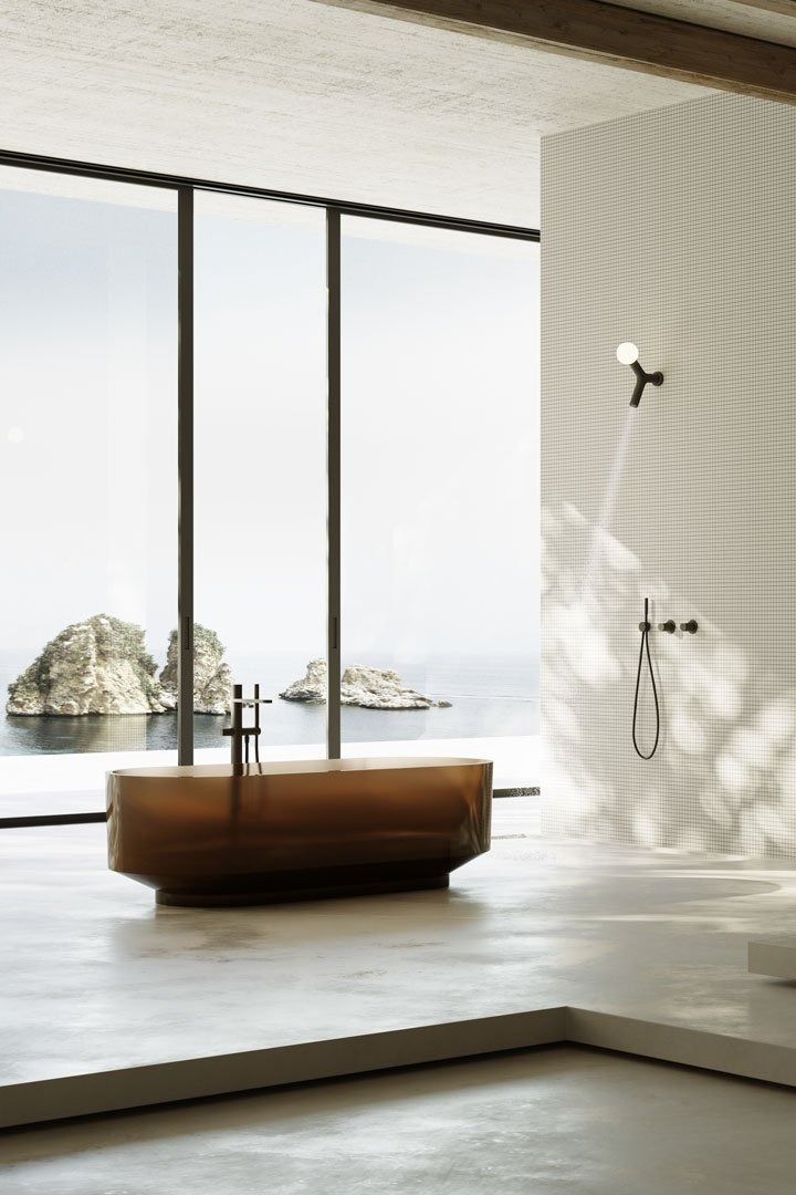 A luxurious bathroom featuring a stunning amber-colored translucent freestanding resin bathtub with black H-shaped faucets, overlooking a breathtaking ocean view through floor-to-ceiling windows, showcasing minimalist design and opulent serenity.
