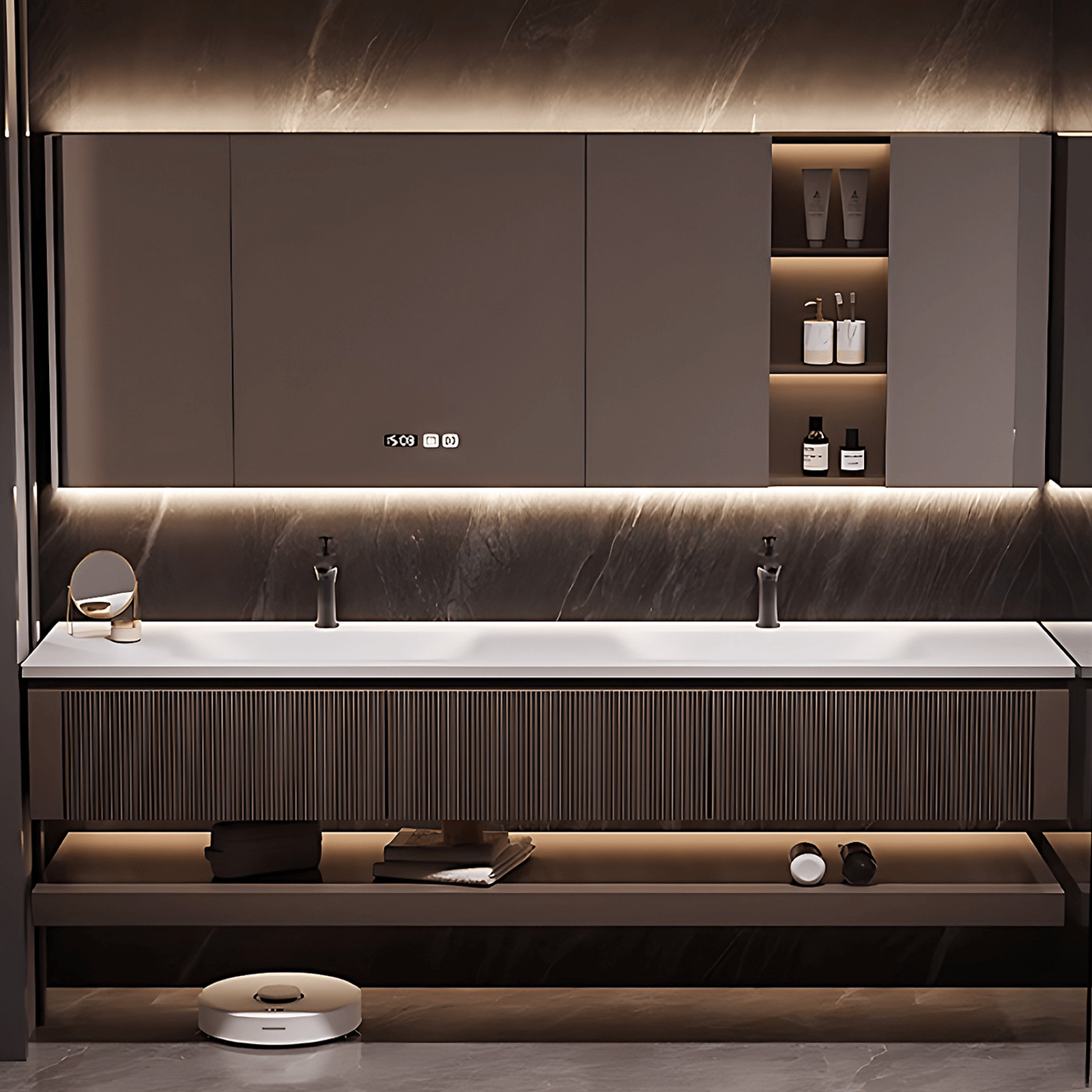 A luxurious modern bathroom featuring a dark fluted wood double vanity with a white solid surface integrated sink, a large illuminated mirror cabinet with digital display, and sophisticated ambient lighting.