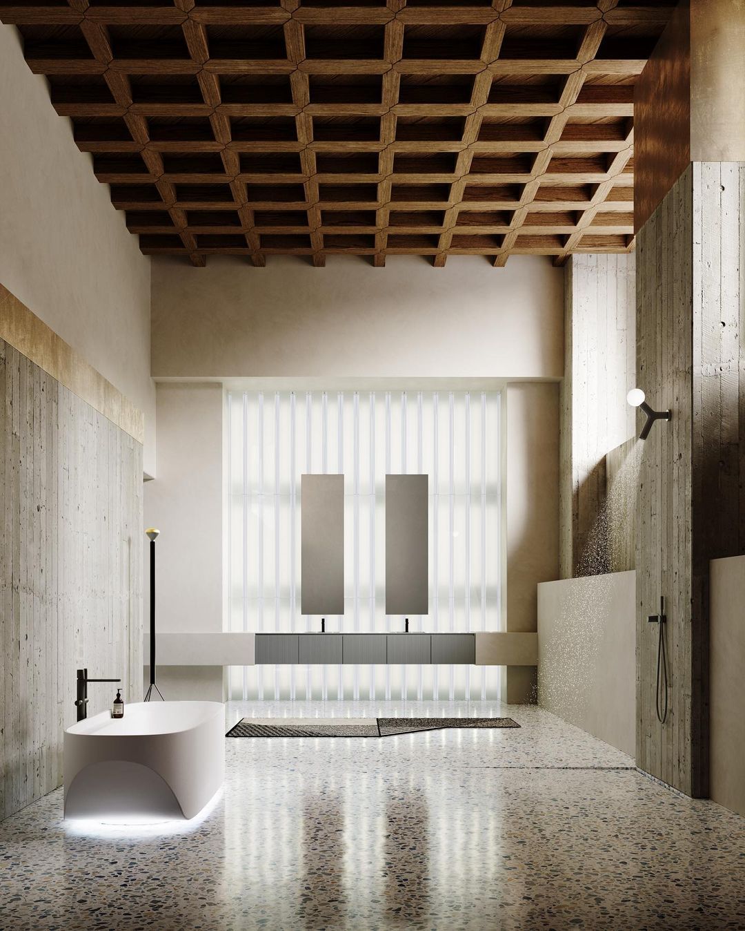 An architectural luxury bathroom featuring a coffered wood ceiling, terrazzo floor, a white freestanding bathtub with base lighting, minimalist vanity with integrated washbasins, and board-formed concrete walls.
