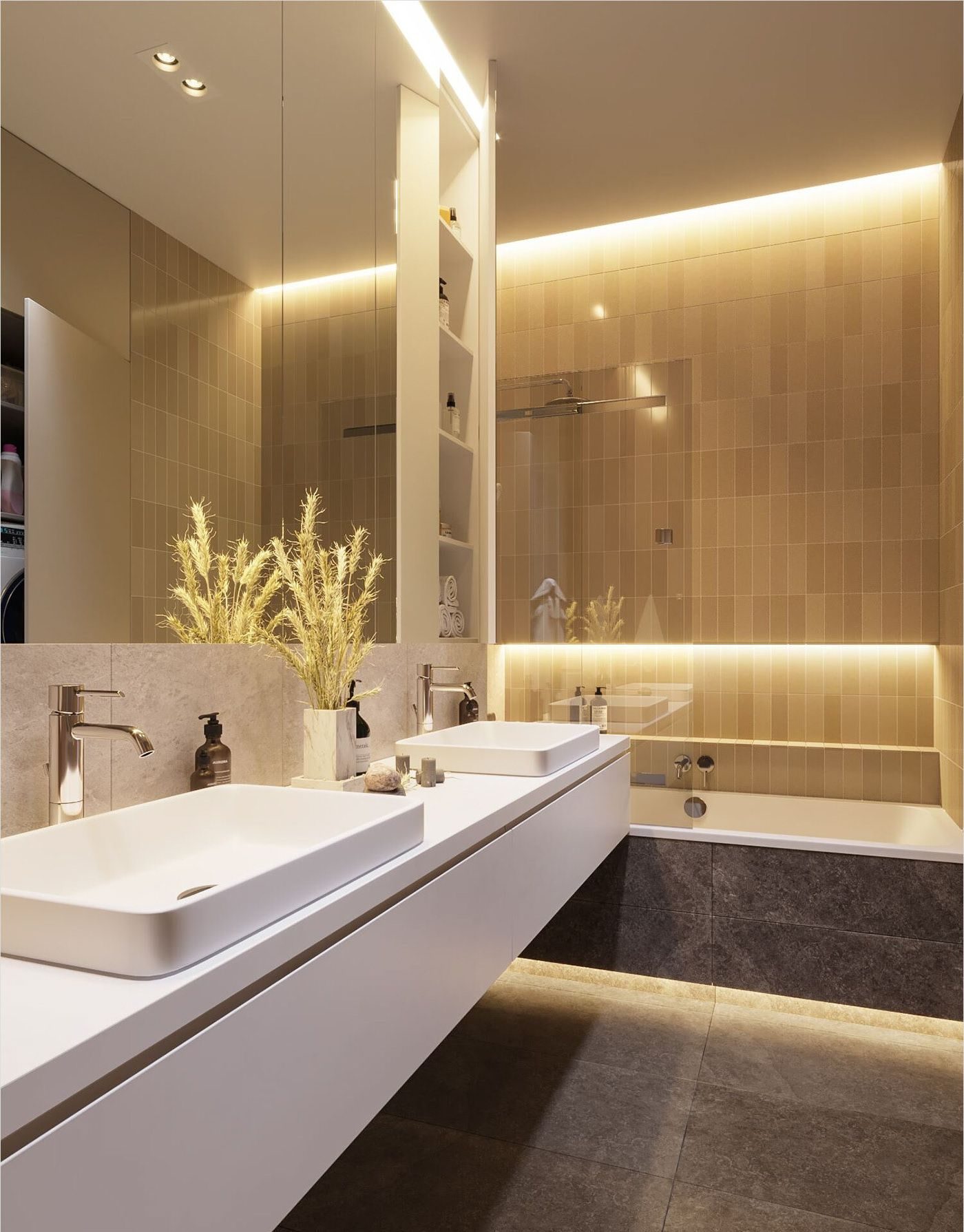 A luxurious modern bathroom showcasing a white freestanding oval bathtub and a terrazzo freestanding pedestal sink (inspiring freestanding cabinet ideas), set against dark marble walls with rose gold accents and sophisticated lighting.