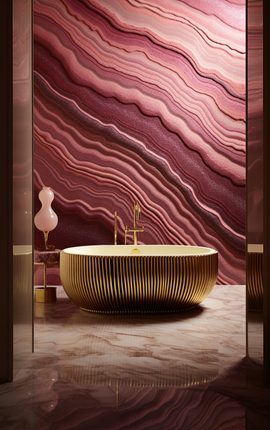 An opulent, artistic bathroom featuring a gold fluted freestanding bathtub as a centerpiece against a dramatic pink and purple textured art wall, with marble floors and sculptural lighting, epitomizing ultra-luxury hotel design.