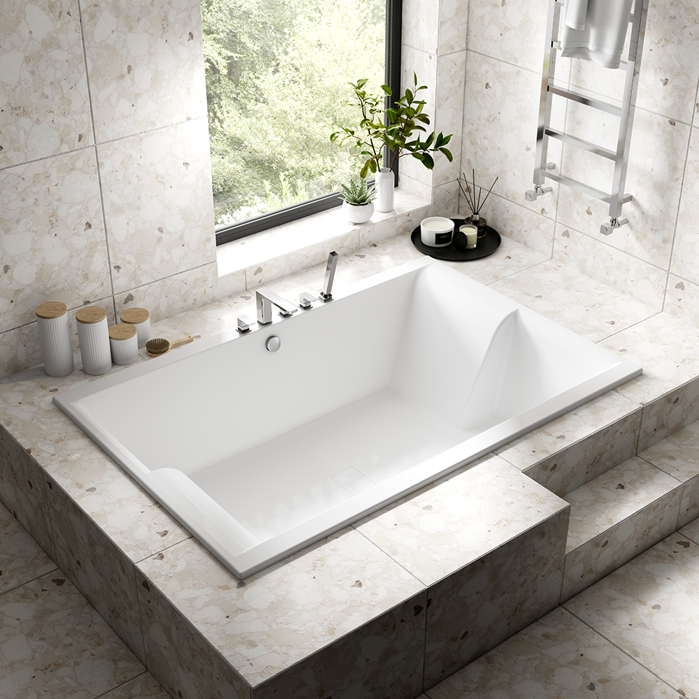 Bright modern bathroom featuring a white seamless embedded rectangular bathtub in a light-tiled raised surround with steps, chrome deck-mounted faucets, and a large window overlooking greenery, creating a spa-like atmosphere.