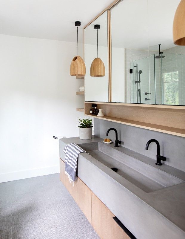 The Trifecta of Modern Bathroom Design: Concrete Sinks, Wall-Hung Basins, and Wooden Cabinets