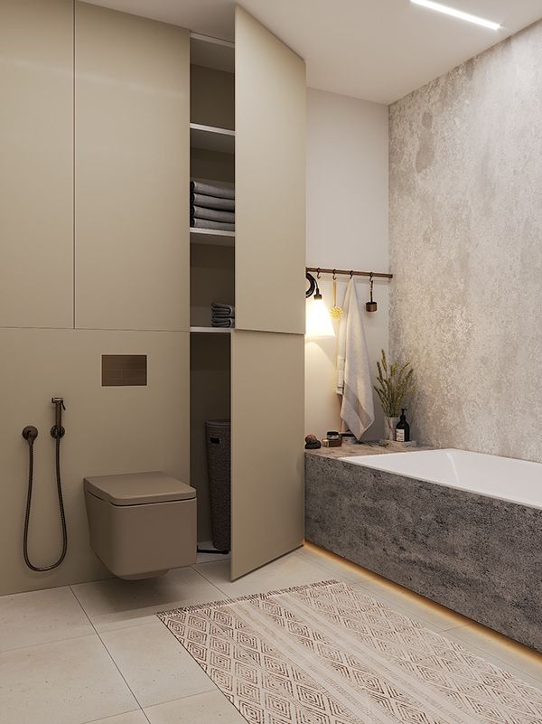 Contemporary bathroom showcasing a rectangular built-in bathtub with a dark textured stone-look surround, enhanced by subtle under-surround LED lighting and neutral tones.