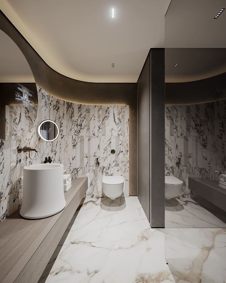 Luxurious contemporary bathroom featuring a sculptural white engineered stone vessel basin on a wooden countertop, set against dramatic marble walls with integrated lighting.
