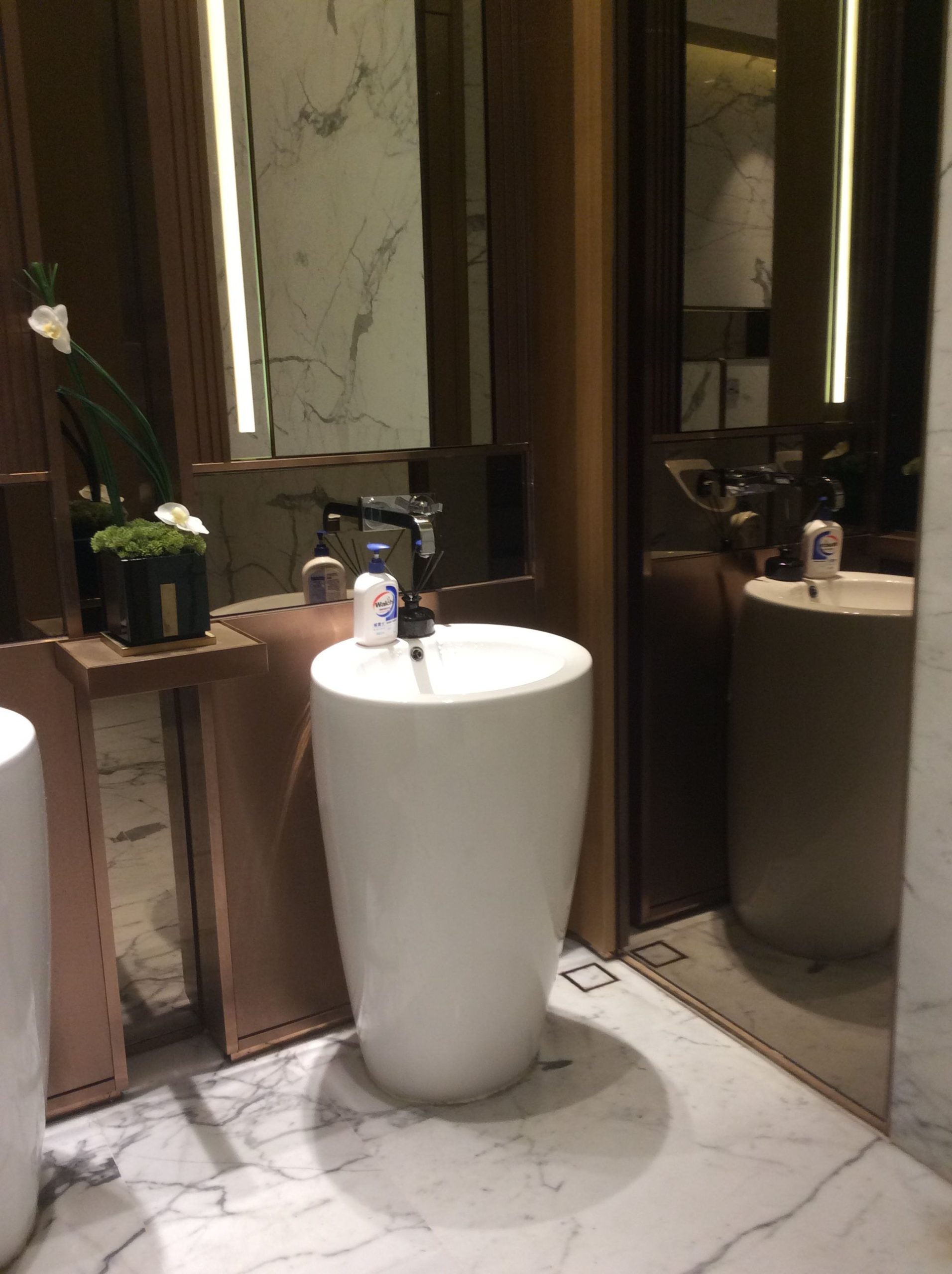Sophisticated commercial bathroom featuring elegant white ceramic minimalist pedestal sinks with chrome faucets, set against dark-framed mirrors with integrated vertical lighting and luxurious marble flooring.