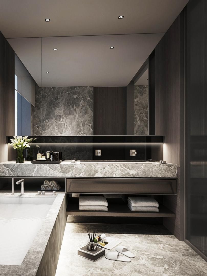 Sophisticated modern bathroom featuring a luxurious grey marble built-in bathtub seamlessly connected to a dark wood waterproof bathroom cabinet with a matching marble countertop and warm ambient lighting.