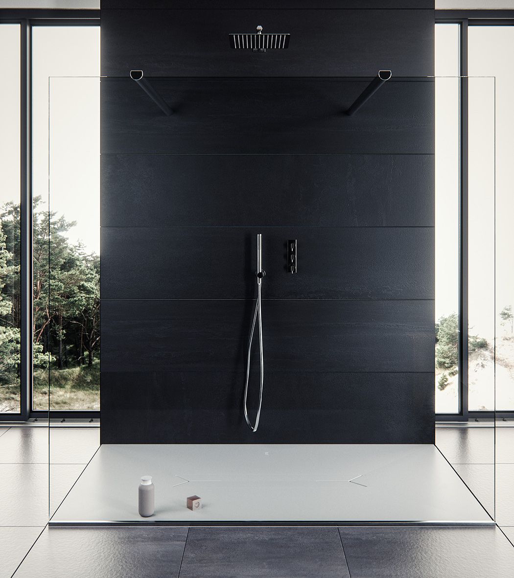 A contemporary bathroom featuring a large, light-colored low-profile rectangular shower tray, contrasting with a dark feature wall and glass shower panels, exemplifying modern shower design.