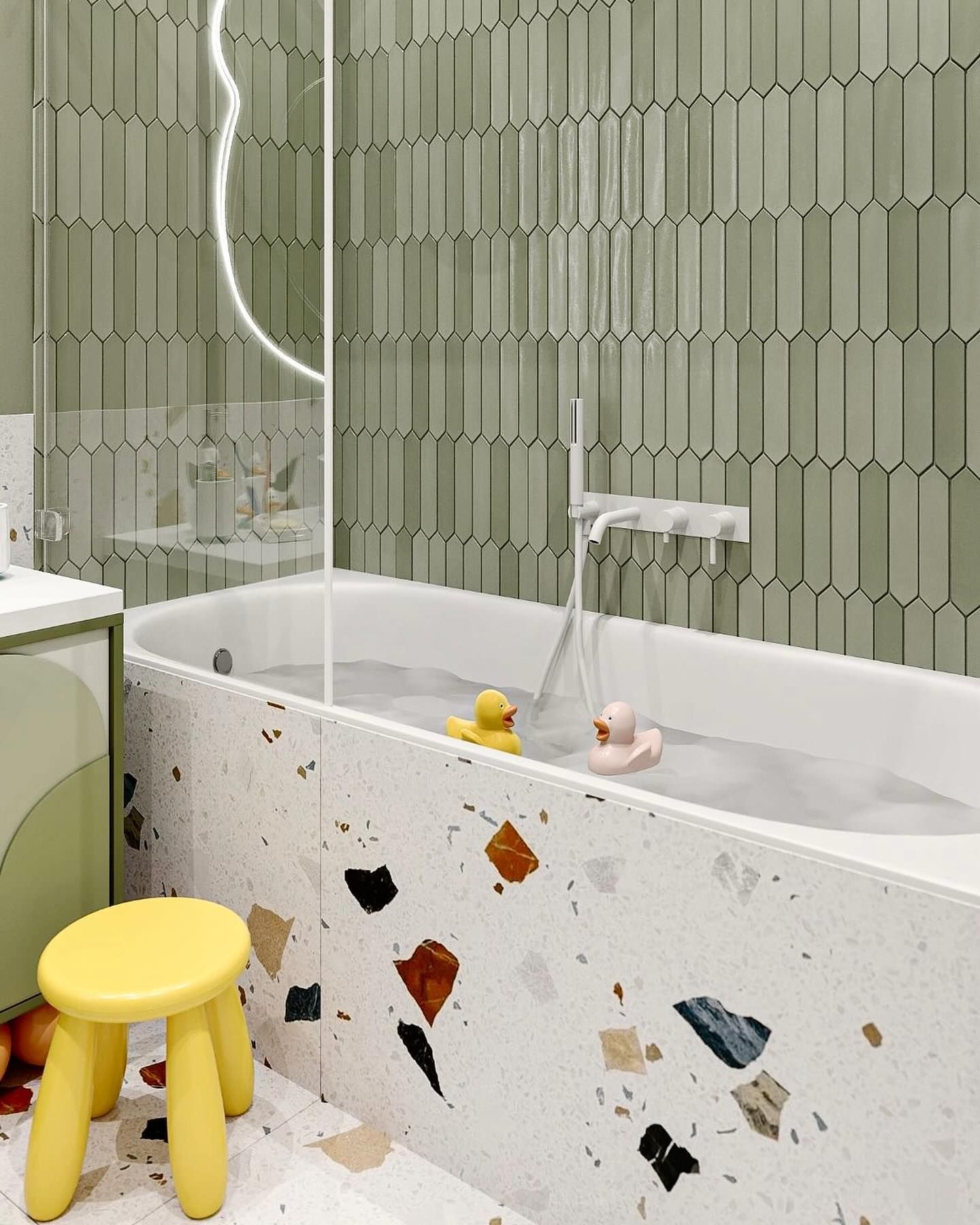 Modern terrazzo bathroom with olive green bathroom cabinet and light-orange countertop basin