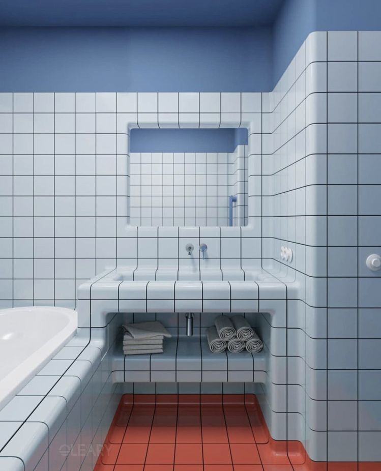 An integrated bathtub and sink design featuring white square tiles with dark grout, accented by a blue wall and reddish-brown floor, showcasing a retro-modern bathroom style.