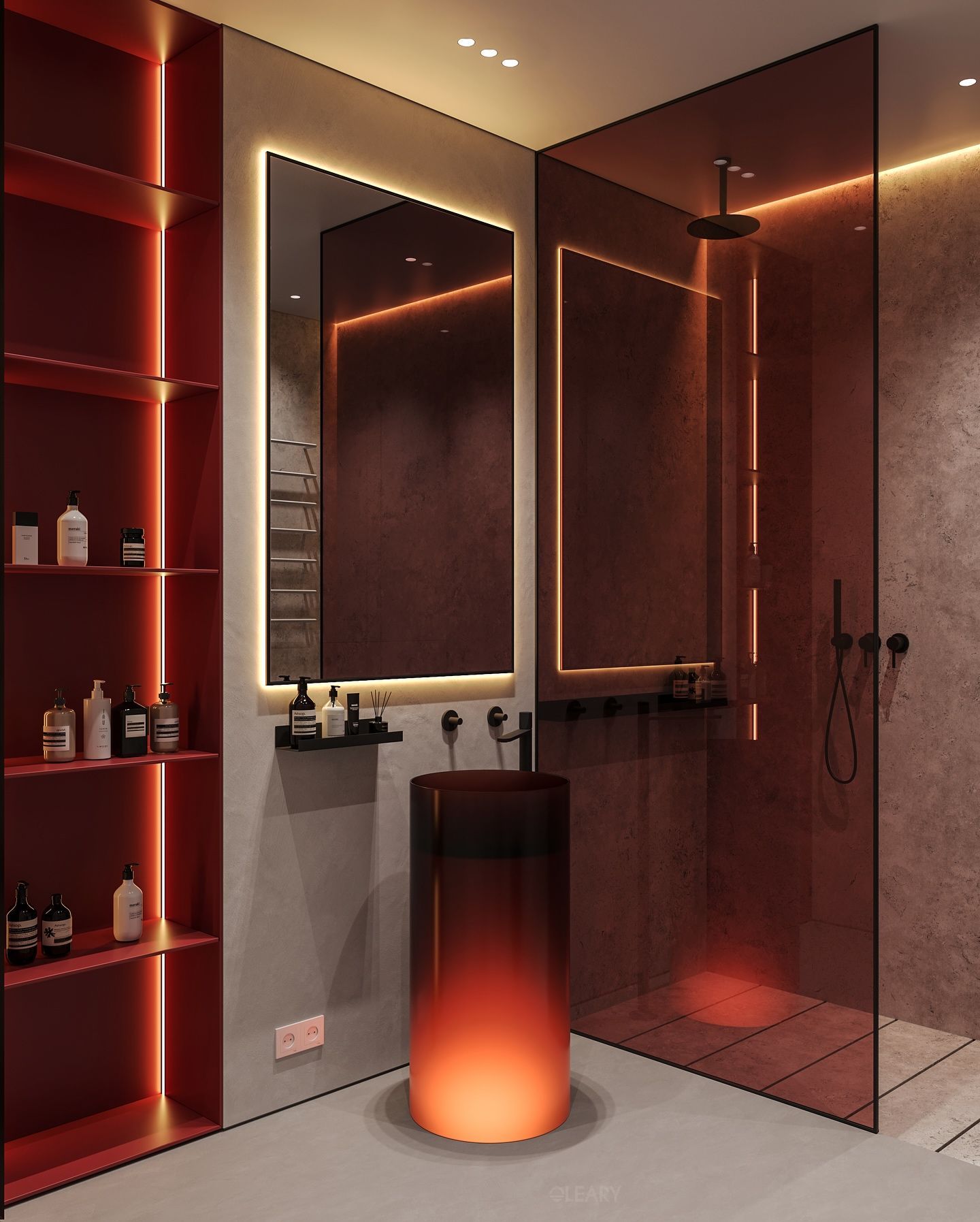 In a modern industrial-style bathroom, a transparent resin cylindrical pedestal sink with a gradient from reddish-brown to orange-yellow and an internal glow stands against a grey cement wall, complemented by a backlit mirror and illuminated shelving.