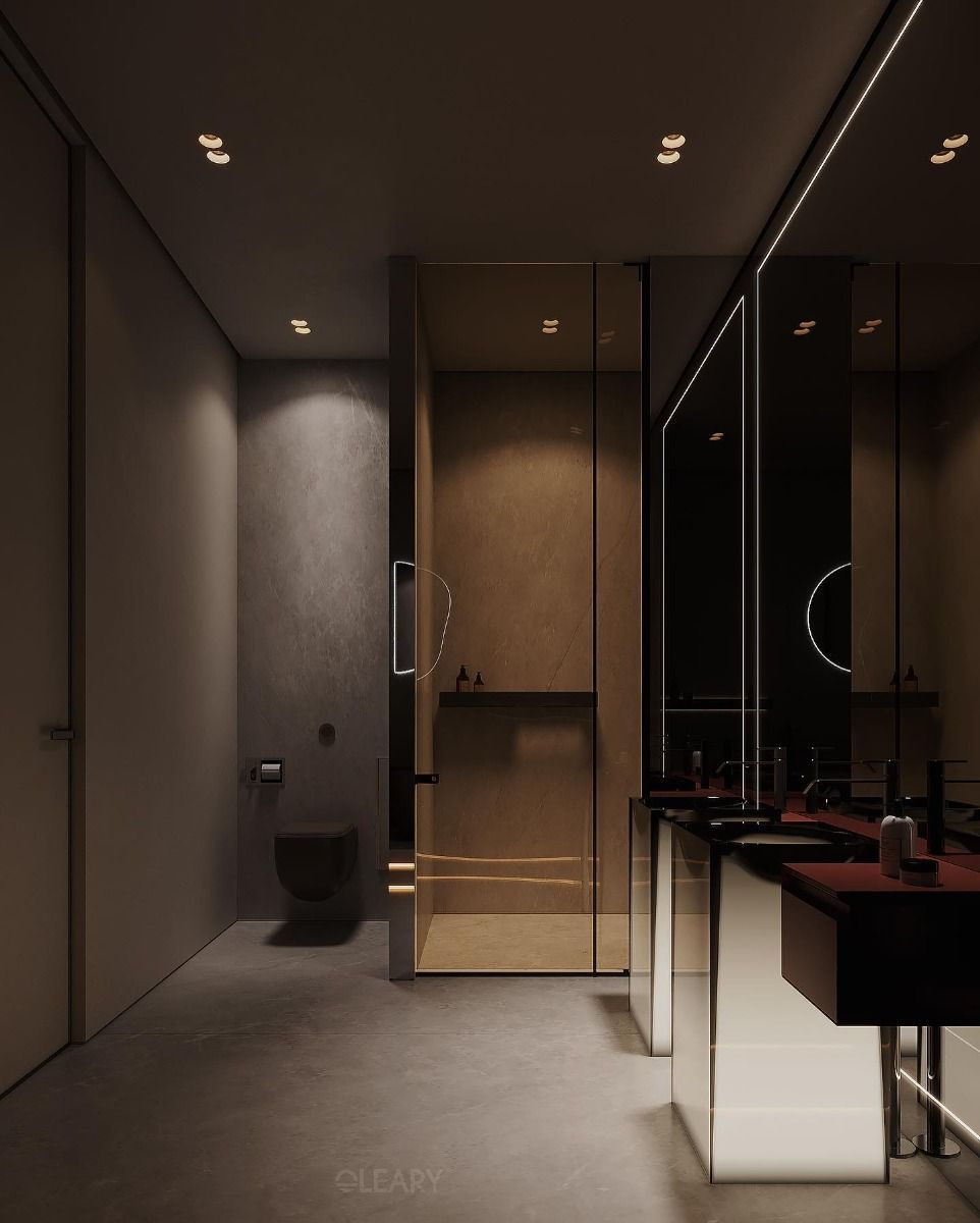 A conceptual transparent resin double pedestal sink as a visual focus in a modern minimalist bathroom, surrounded by dark-toned walls and soft LED backlighting.