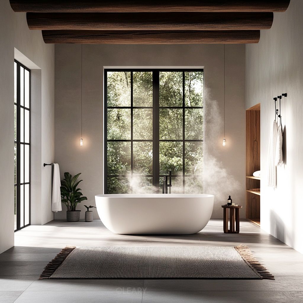 In a modern minimalist bathroom, a white matte oval freestanding bathtub faces a large black grid window with lush greenery outside, flanked by pendant lights, creating a serene and relaxing atmosphere.