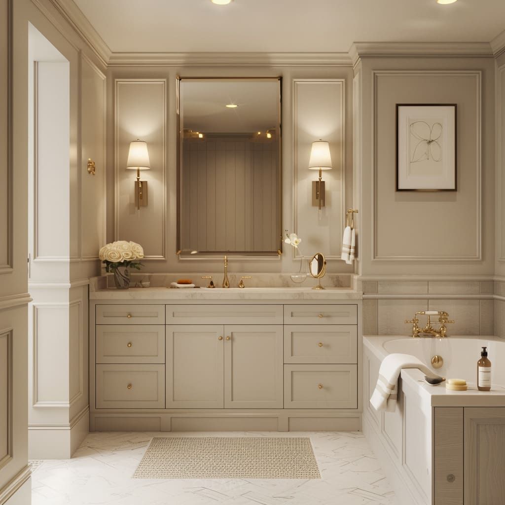 An elegant greige bathroom with wall paneling, featuring a built-in bathtub, a vanity with gold hardware, and symmetrical wall sconces.