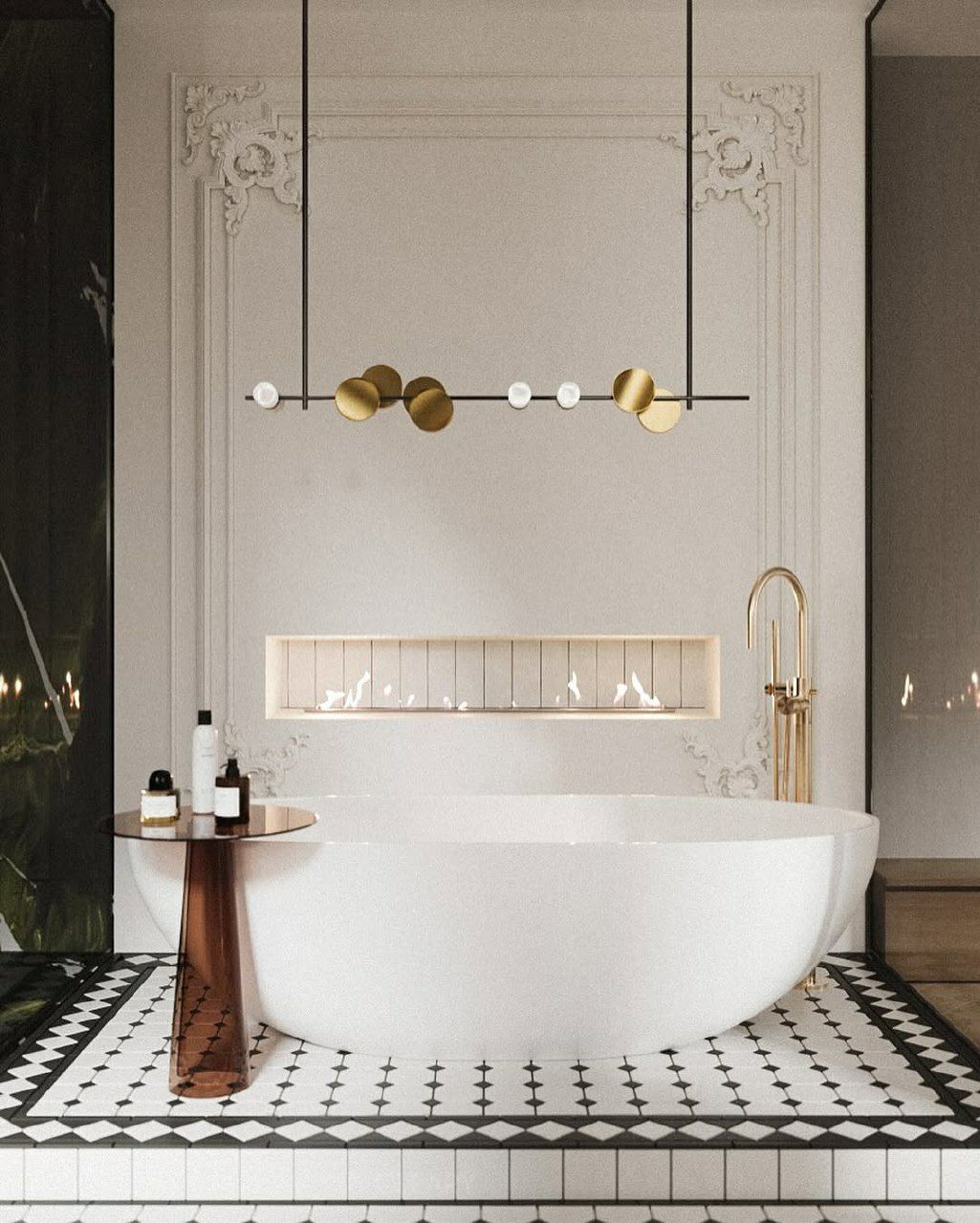 Modern stylish bathroom featuring a white matte artificial stone freestanding bathtub, complemented by a gold floor-mounted faucet and geometric patterned floor tiles.