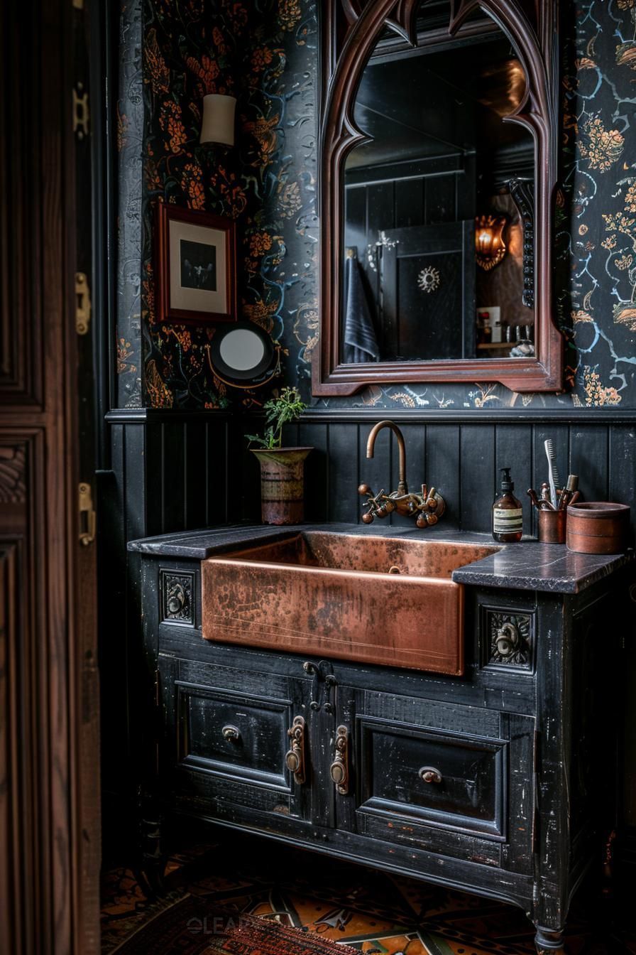 A moody Victorian Gothic bathroom featuring a large, hammered copper farmhouse sink set in a black ornate vanity, complemented by a tall Gothic arch wooden mirror and dark floral wallpaper.