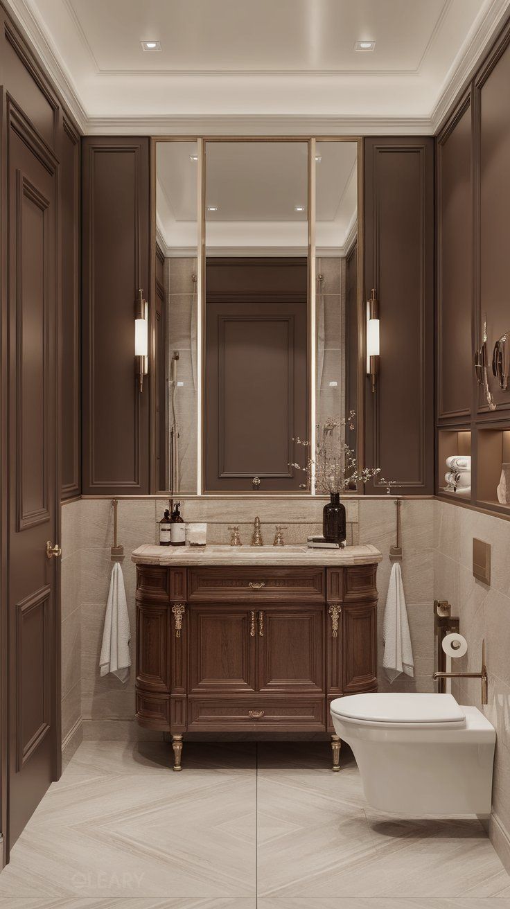 An elegant neoclassical bathroom featuring a dark wood, bow-front vanity with a marble countertop, integrated into a wall of custom cabinetry and a large three-panel mirror with modern sconces.
