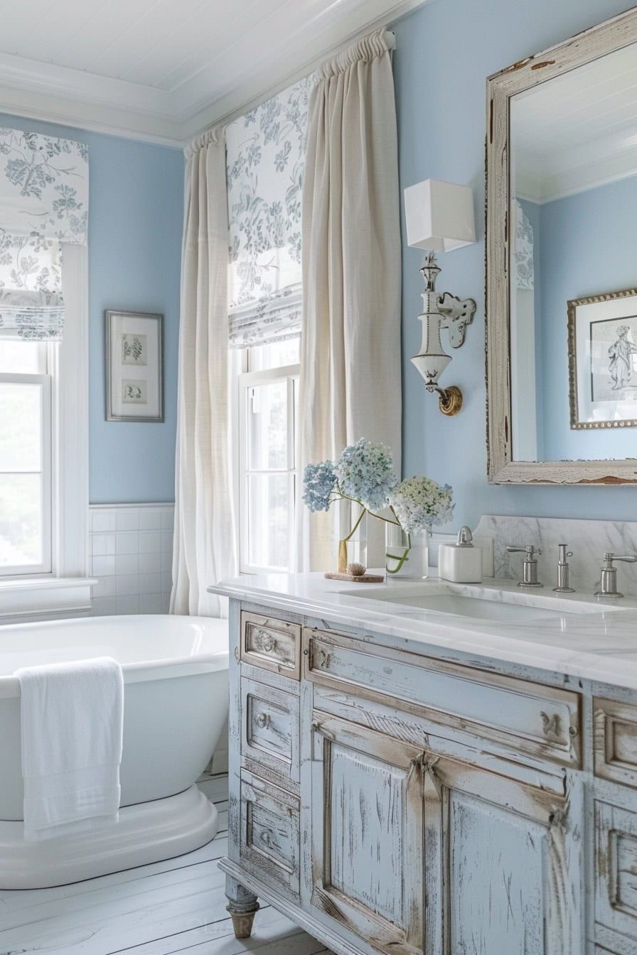 A serene French Country bathroom featuring a light blue distressed wood vanity, a classic white freestanding bathtub, and elegant window treatments with floral patterns.