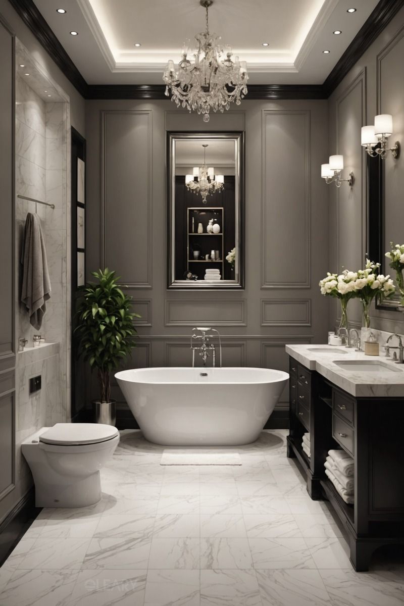 An elegant transitional bathroom with grey paneled walls, a central freestanding soaking tub under a crystal chandelier, and a dark wood double vanity on a marble floor.
