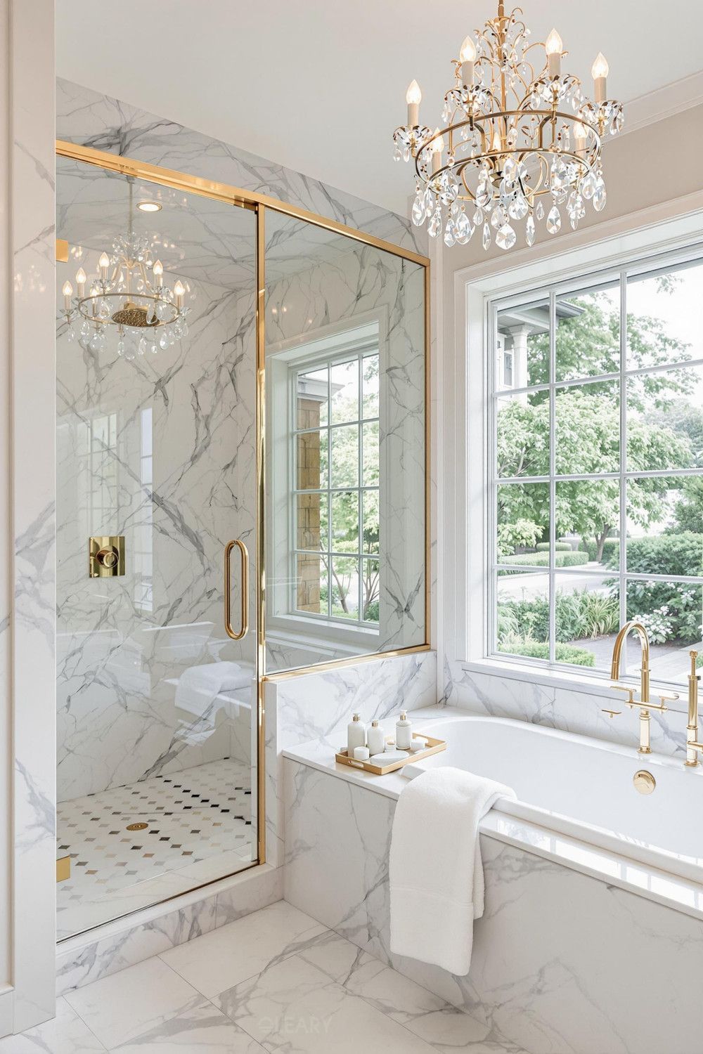 Bright luxury bathroom with white Calacatta marble, a built-in bathtub, a glass-enclosed shower with gold trim, and a classic crystal chandelier.