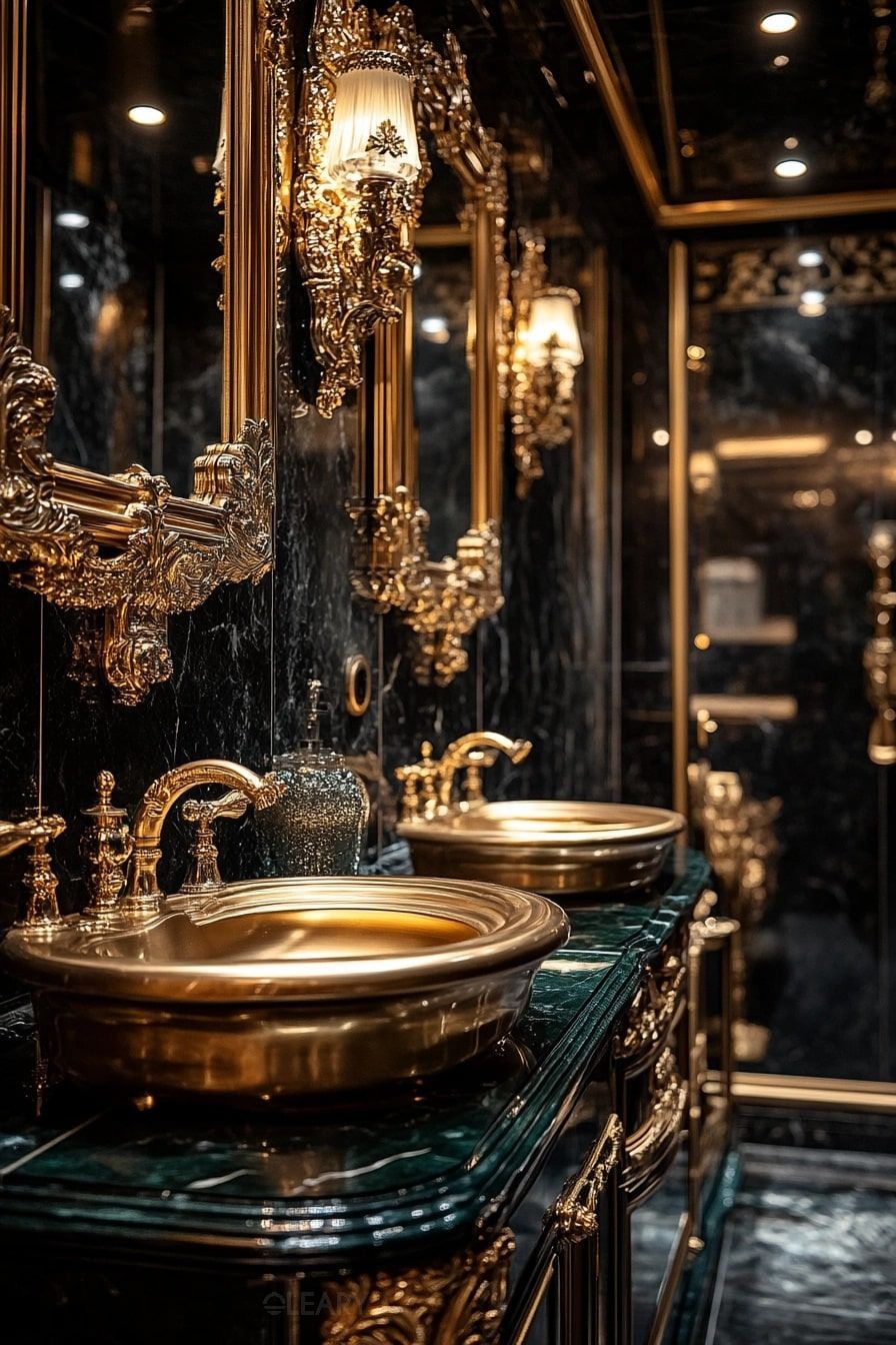 An opulent Baroque-style bathroom with a dark green marble vanity, two golden vessel sinks, and ornate gilded mirrors against a black marble wall.