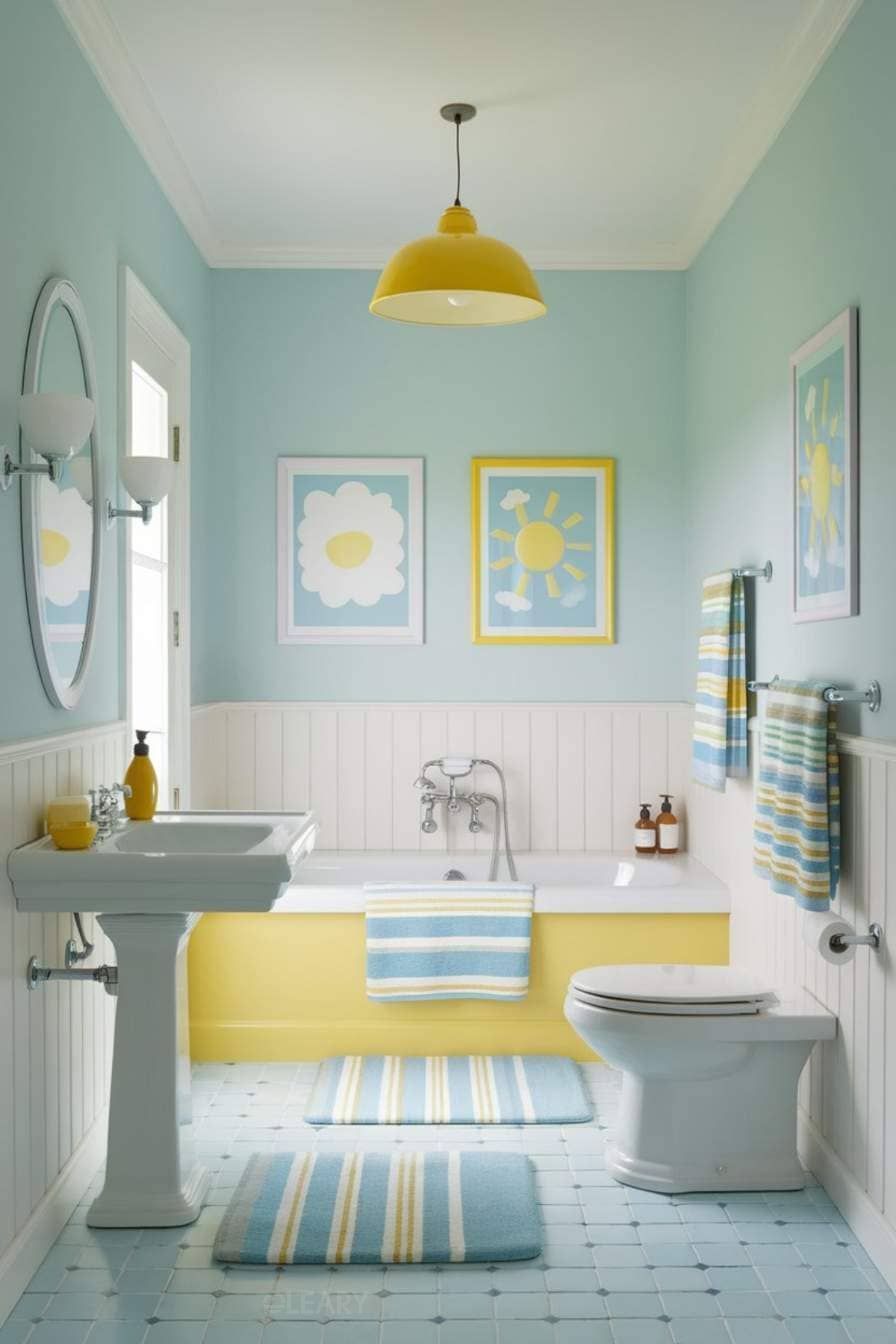 A cheerful kids' bathroom with light blue walls, a white pedestal sink, and a bathtub with a bright yellow front panel, decorated with sunny artwork and striped towels.