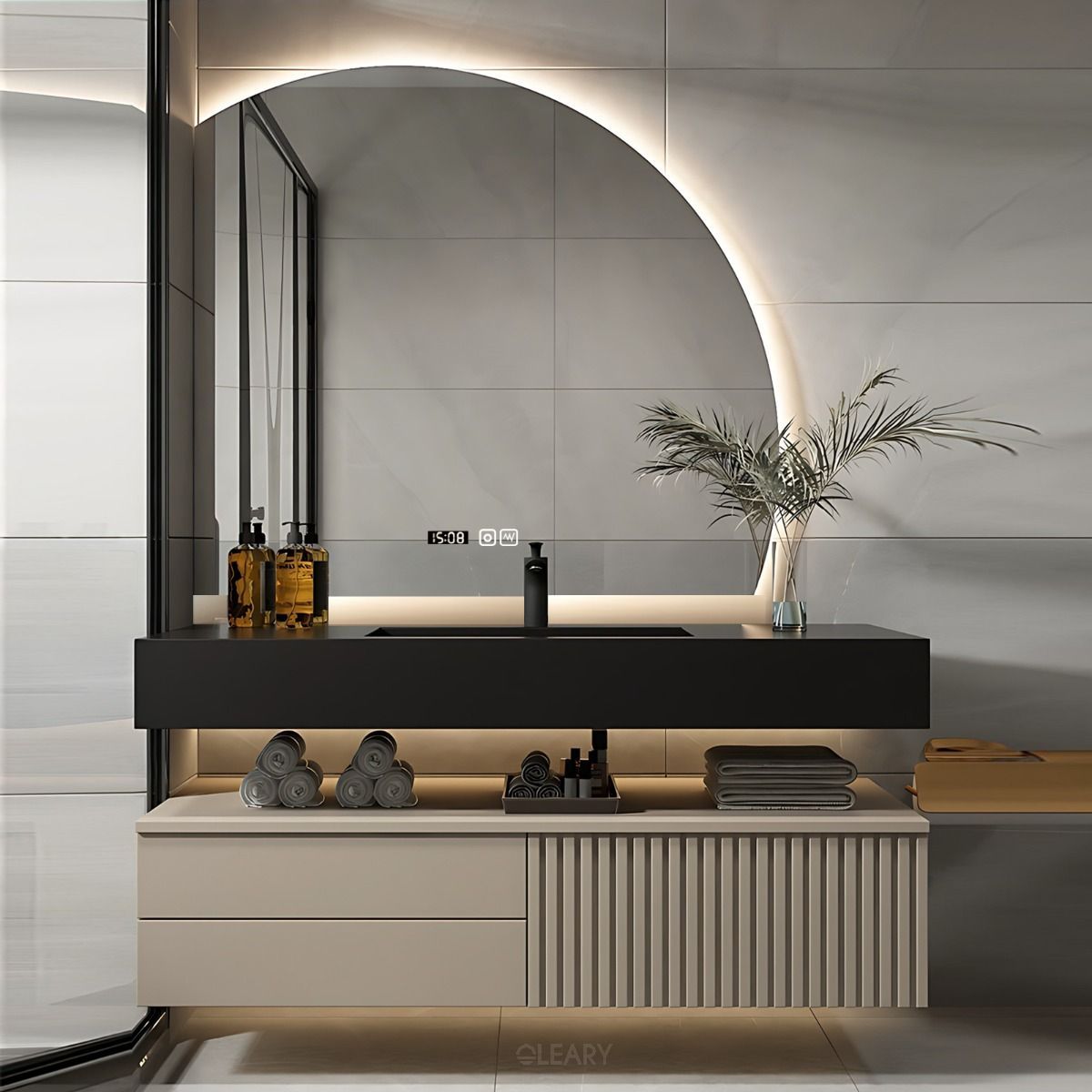 A luxurious, modern floating bathroom vanity in black and beige, featuring an integrated wall-mounted sink, under-cabinet LED lighting, and a large backlit smart mirror.