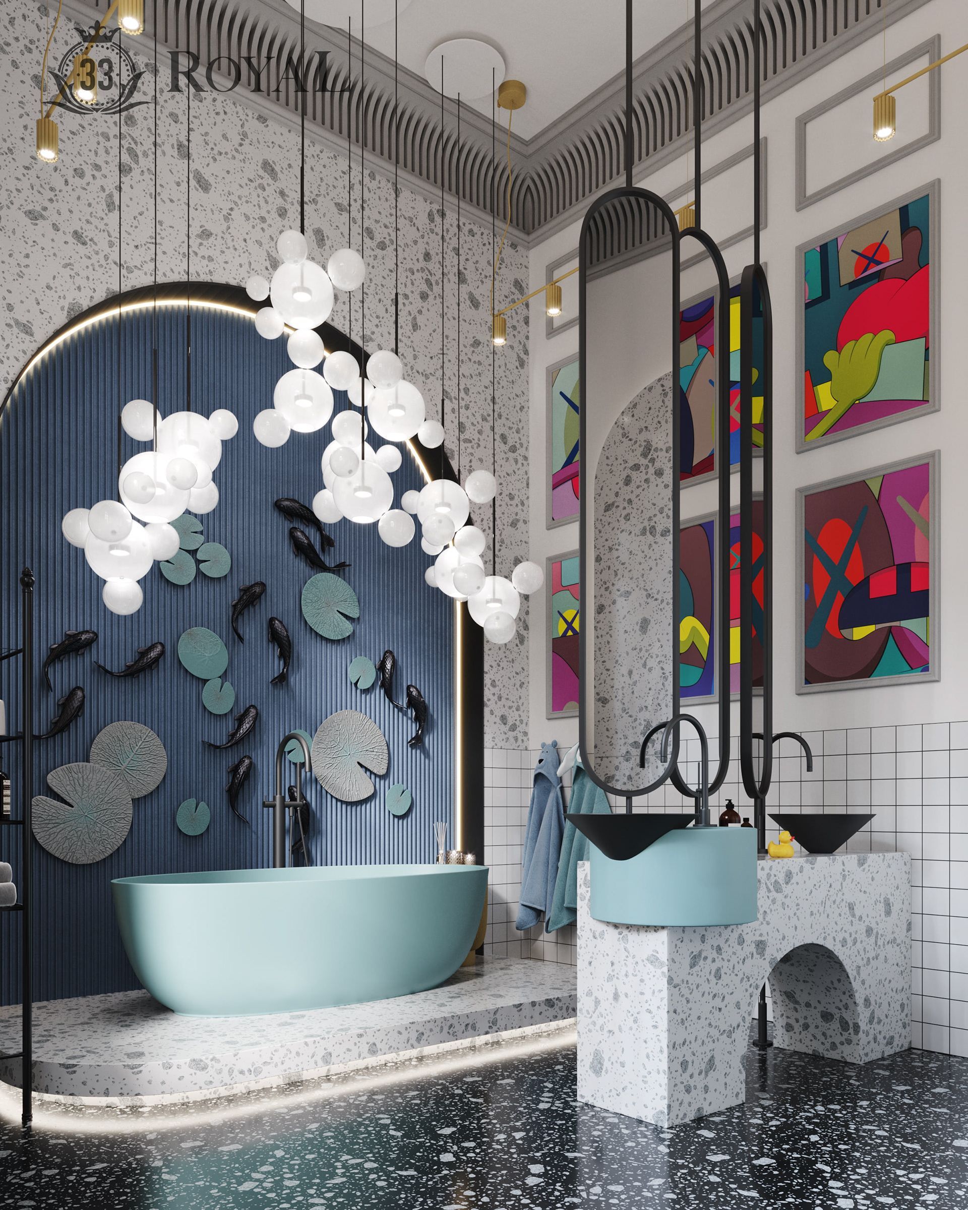 An artistic luxury bathroom featuring a light blue freestanding tub under a bubble chandelier, and a sculptural terrazzo vanity with asymmetrical blue and black vessel sinks.