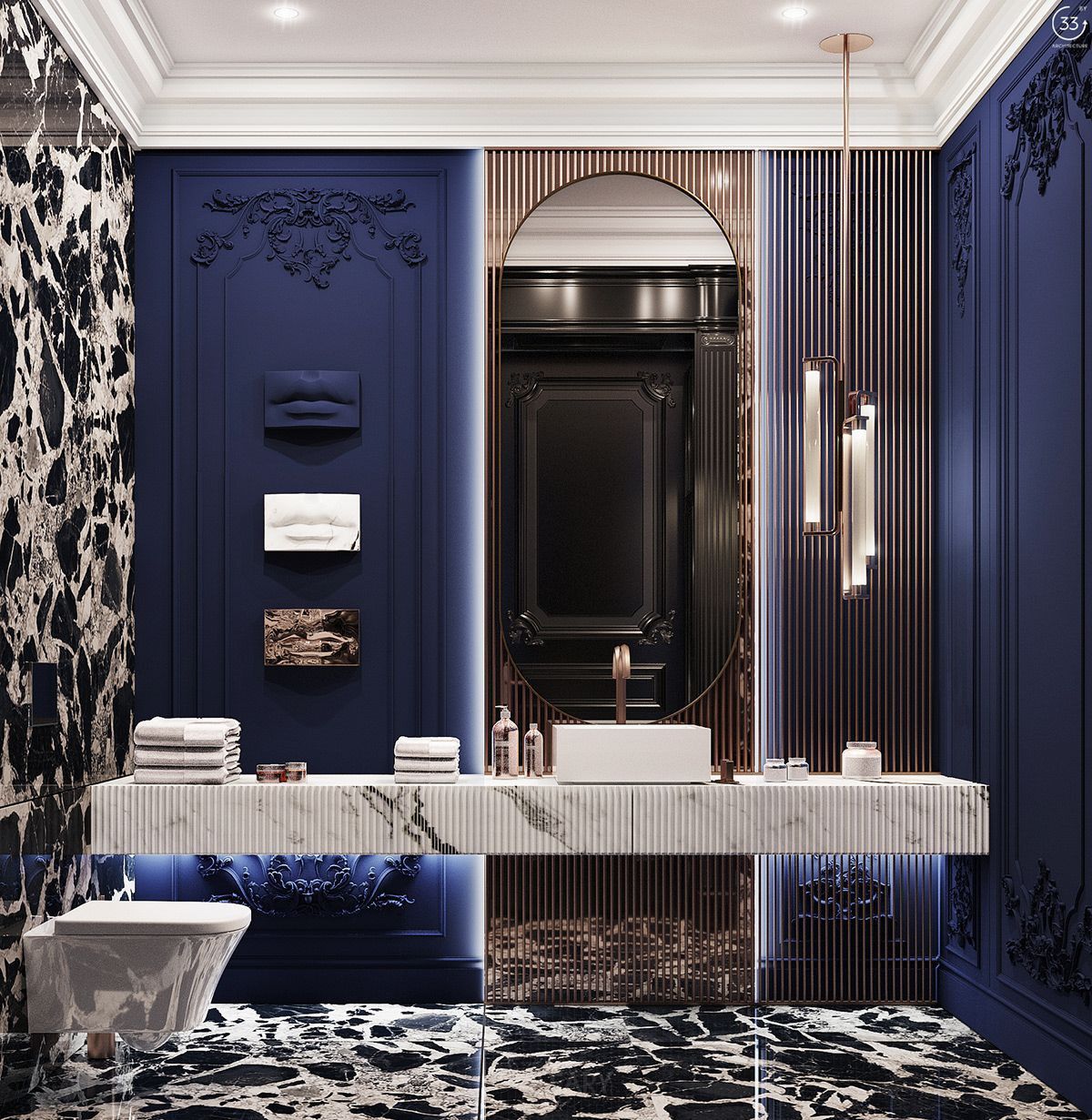 A luxurious bathroom with a white ceramic vessel sink on a floating marble vanity, set against a backdrop of royal blue walls and bronze metallic slats.