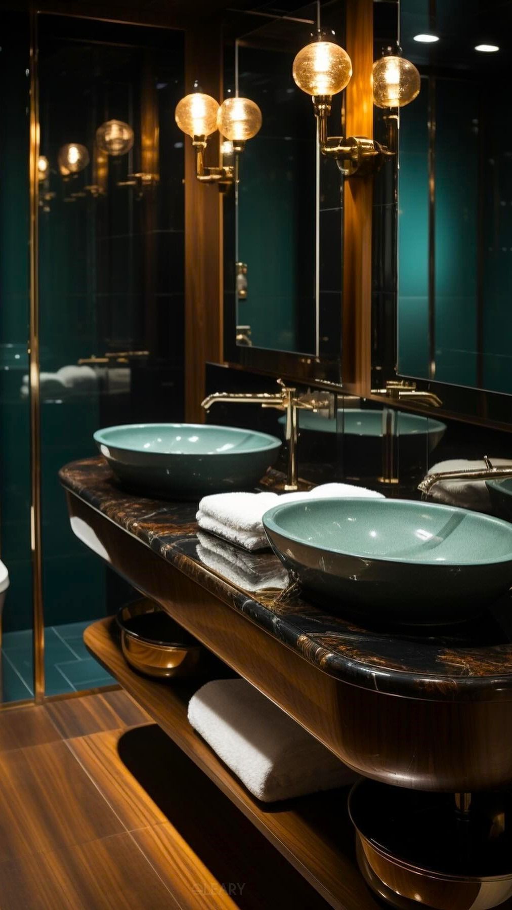 A close-up of a luxury hotel bathroom vanity featuring two teal vessel sinks on a curved marble and wood countertop, with warm brass pendant lights and faucets.