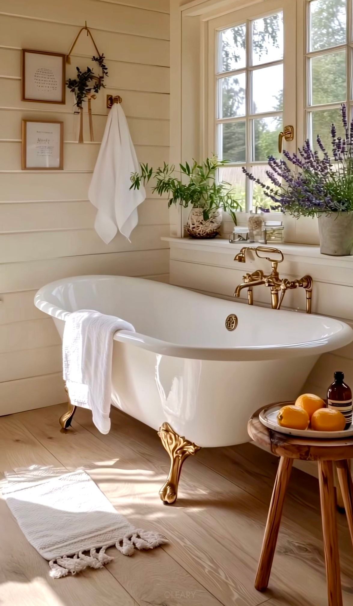 A sunlit cottage bathroom featuring a white clawfoot tub with polished brass feet, a wall-mounted brass faucet, creamy shiplap walls, and a pot of lavender on the windowsill.