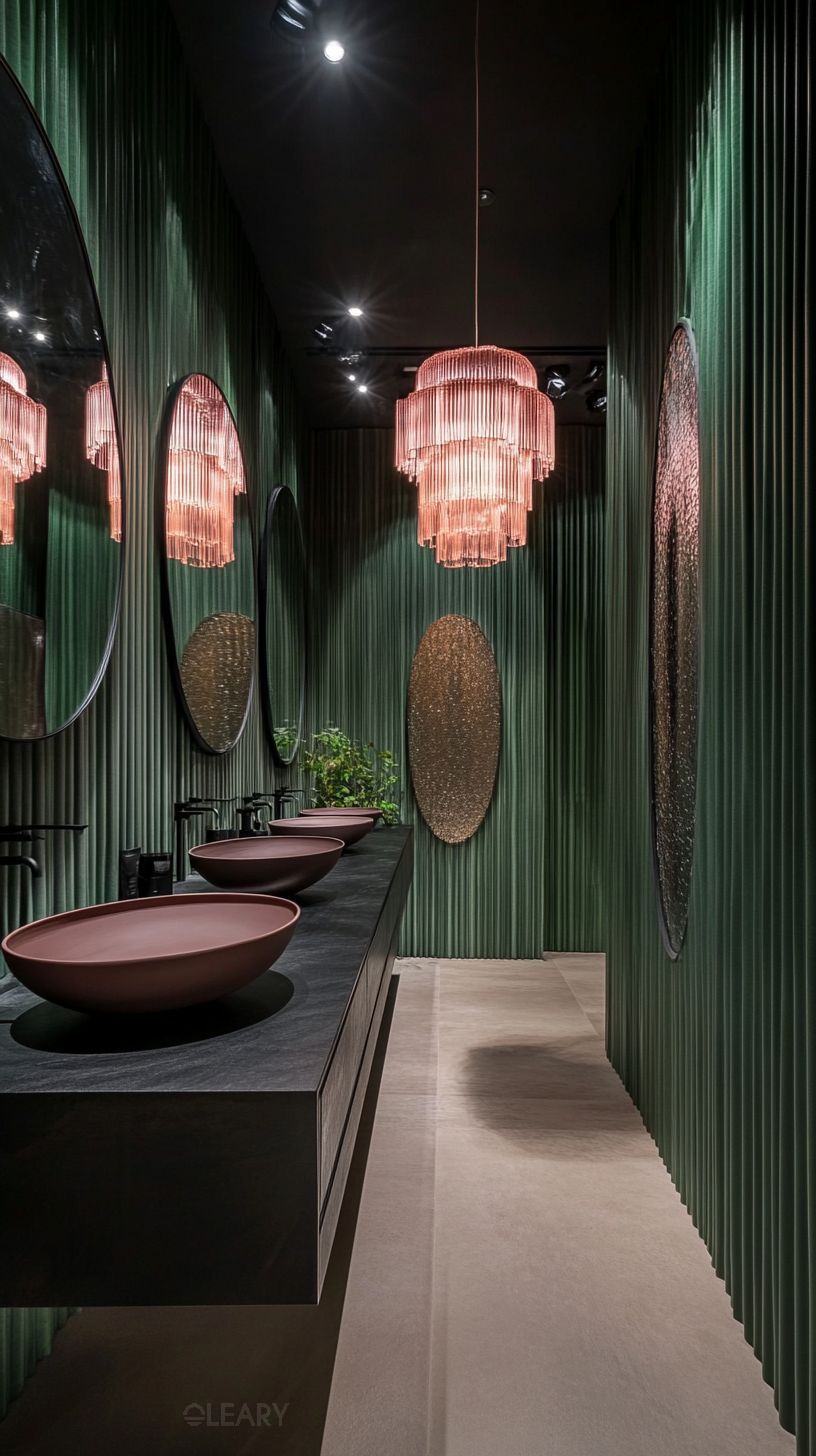 A dramatic luxury restaurant bathroom with deep green fluted walls, a long dark vanity with three terracotta-colored vessel sinks, and a large, tiered pink glass chandelier.