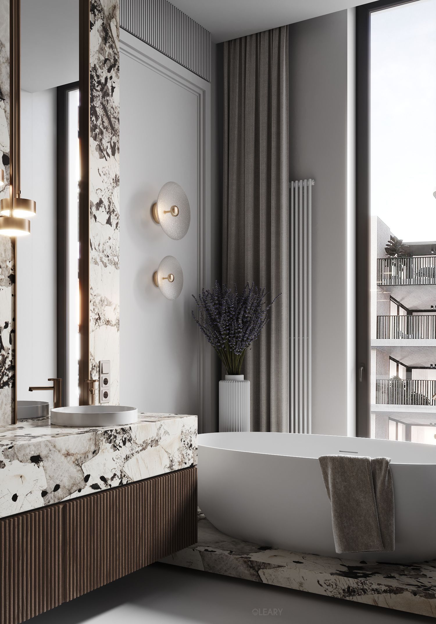A contemporary luxury bathroom featuring a freestanding matte white tub on a marble mat, adjacent to a vanity with a high-contrast marble top and a dark fluted wood base.