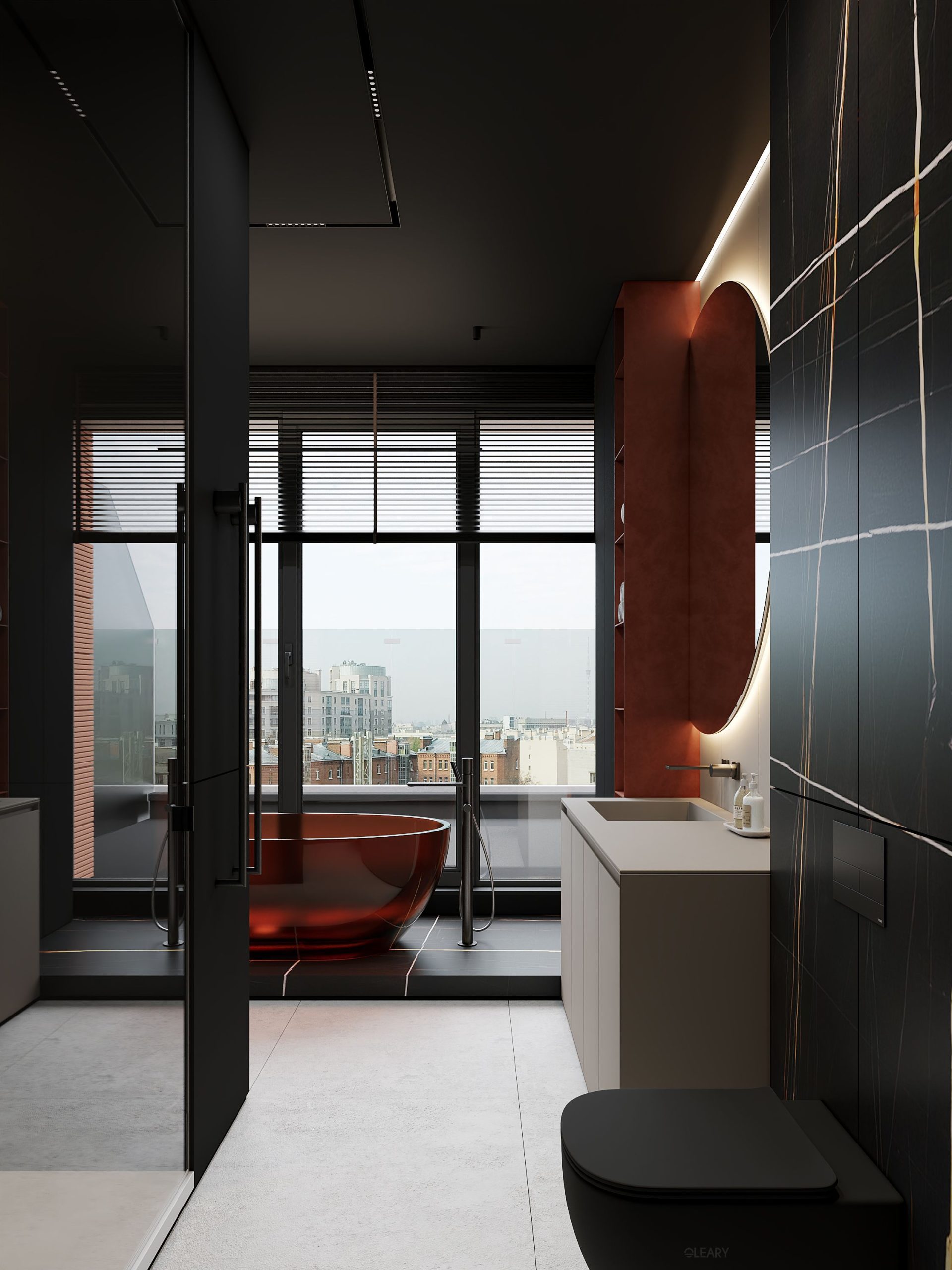The Art of the Statement: How a Red Resin Bathtub and Minimalist Vanity Define Modern Luxury