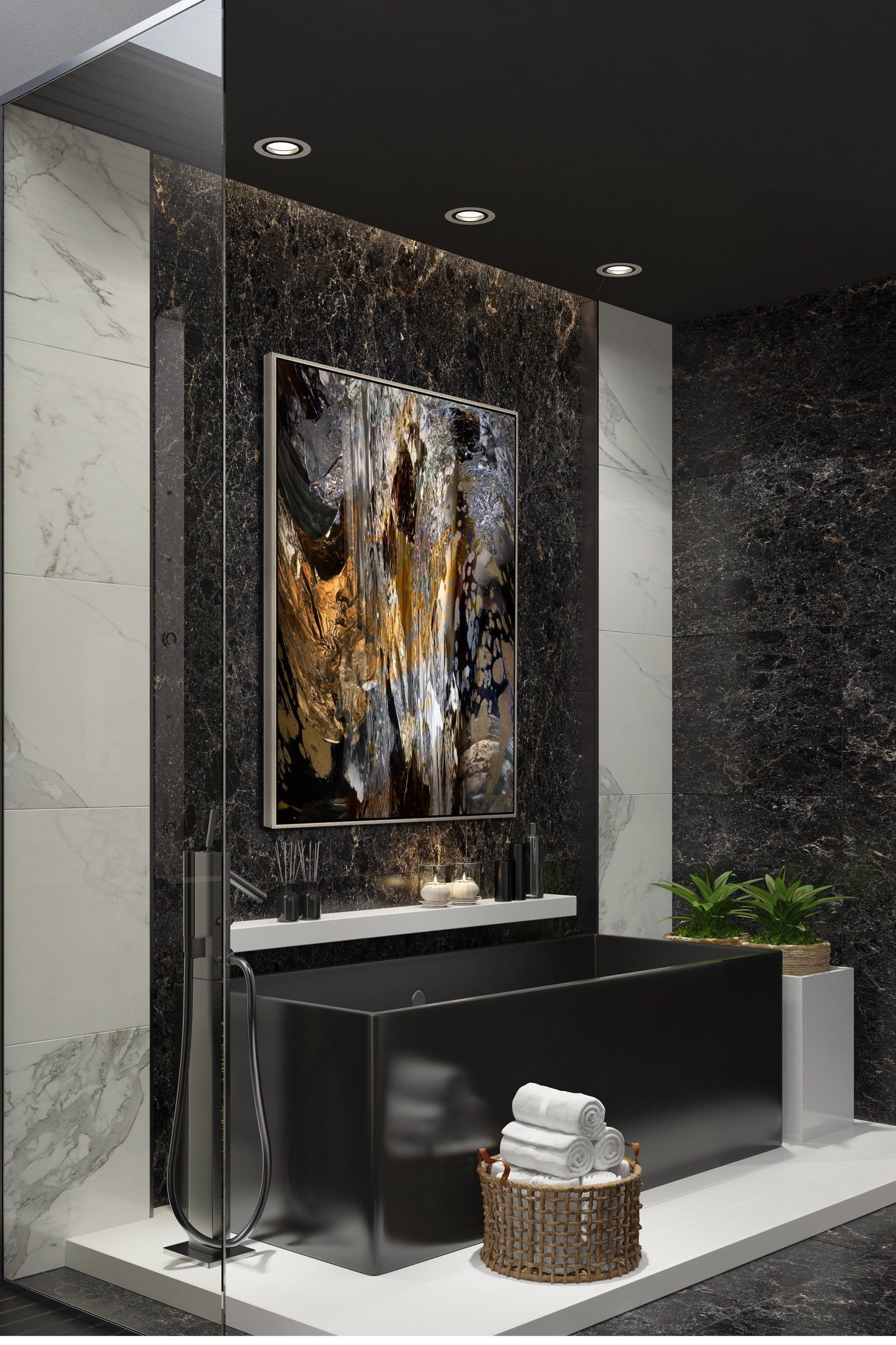 A modern matte black rectangular back-to-wall bathtub set against a dramatic black and gold marble feature wall with abstract art in a luxury bathroom.