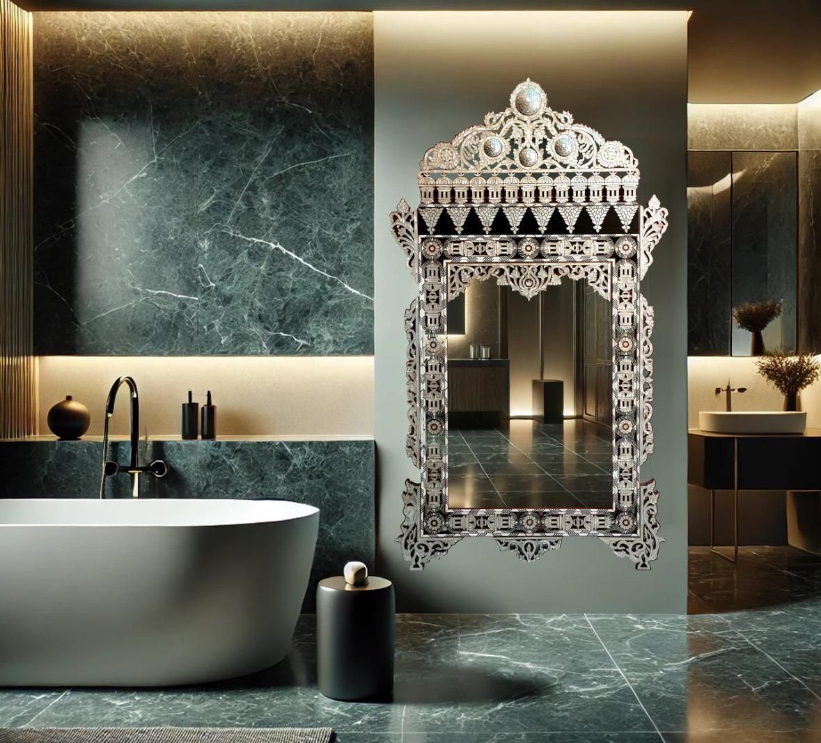 A luxury bathroom featuring a modern matte white freestanding bathtub that provides a minimalist contrast to a large, ornate Syrian-style mirror and dark green marble walls.