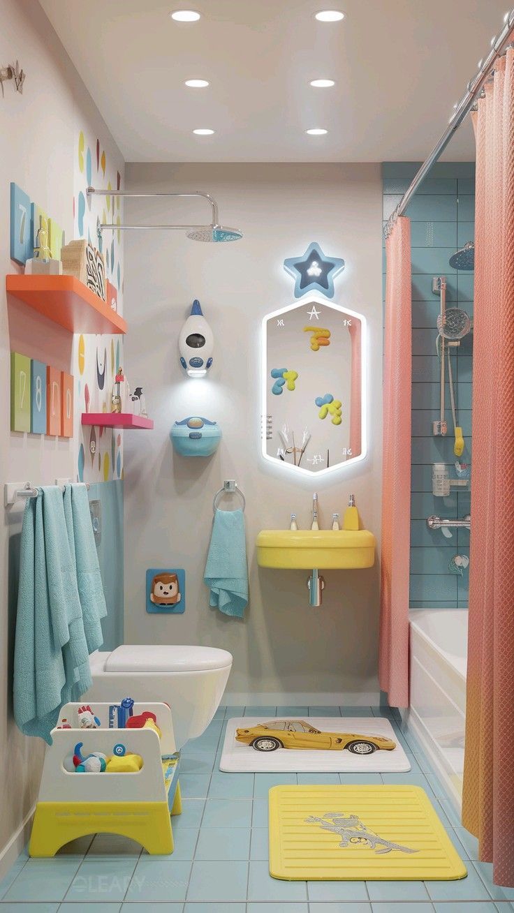 A colorful kids' bathroom with a low-mounted, bright yellow children's washbasin, a rocket soap dispenser, and a backlit mirror with a star light.