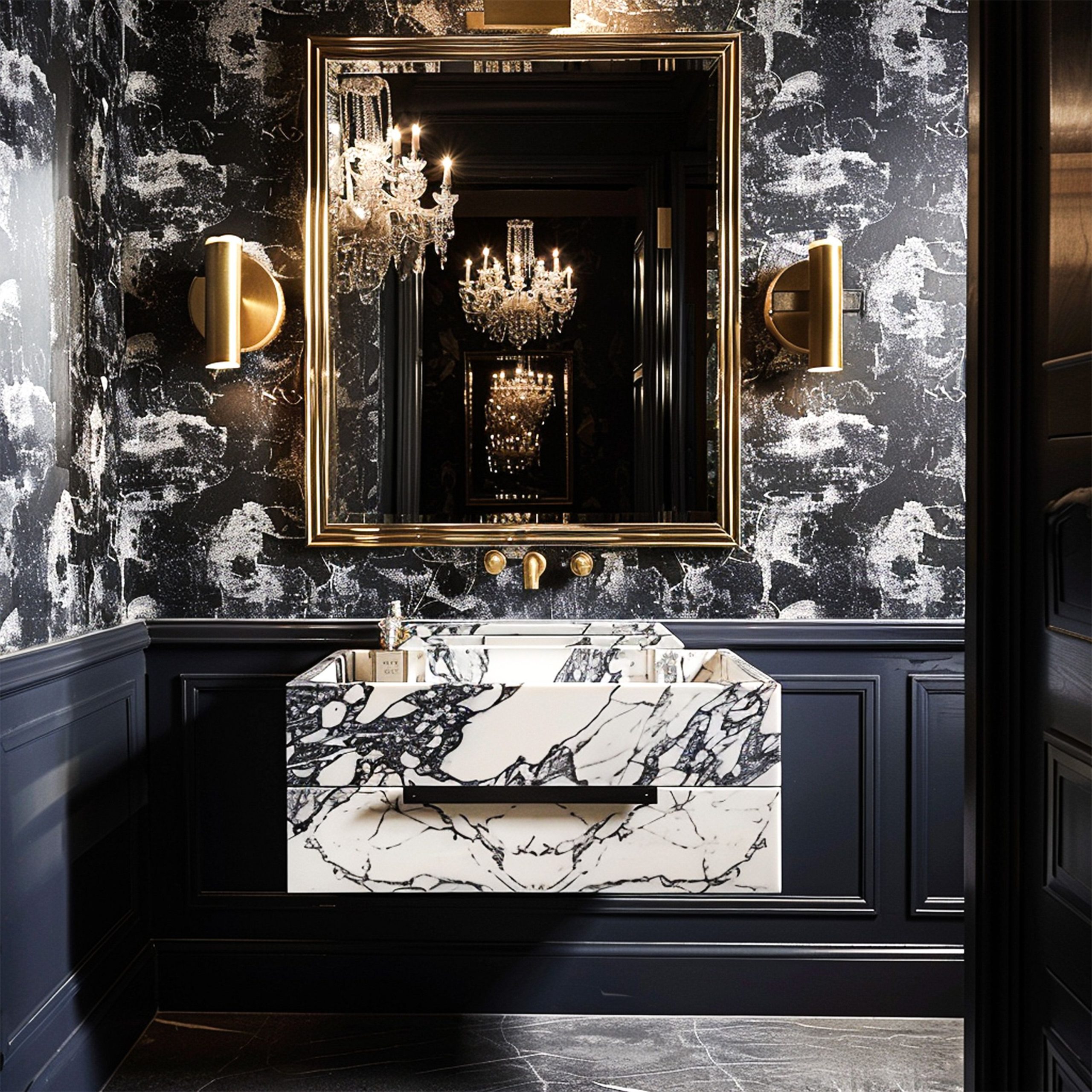 A dramatic maximalist powder room with a floating Calacatta Viola marble vanity, bold black and white wallpaper, dark wainscoting, and a large gold-framed mirror.
