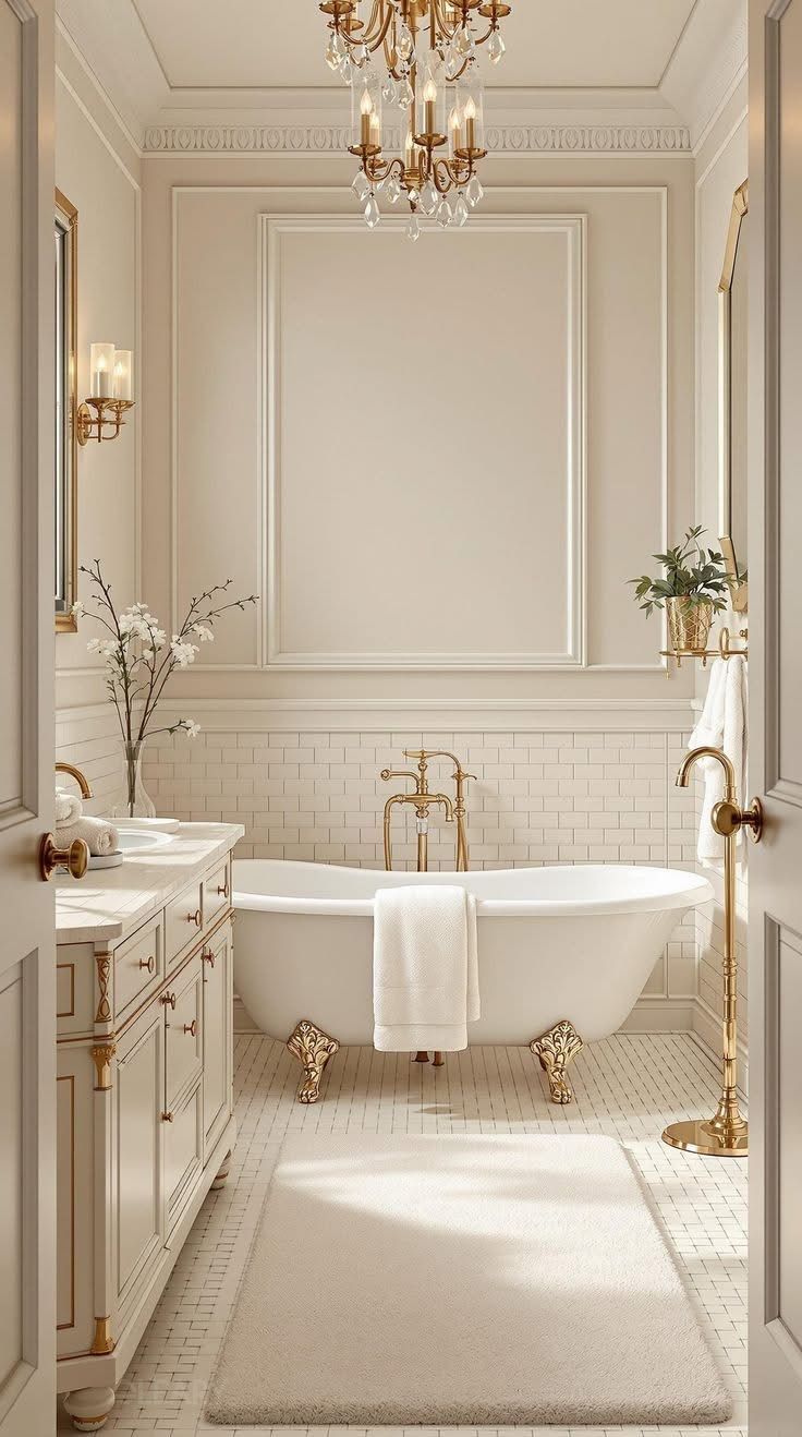 Elegant French classic bathroom featuring a white freestanding clawfoot bathtub with ornate gold feet, a traditional cream-colored vanity with gold trim detailing, gold faucets, white subway tiles, decorative wall paneling, and a crystal chandelier.