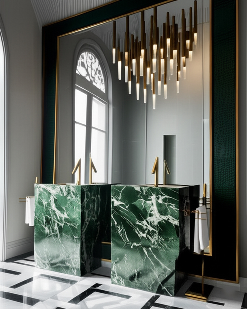 A breathtaking luxury bathroom featuring twin green marble pedestal sinks with gold faucets, a massive floor-to-ceiling statement mirror, and cascading gold lighting, epitomizing opulent interior design.