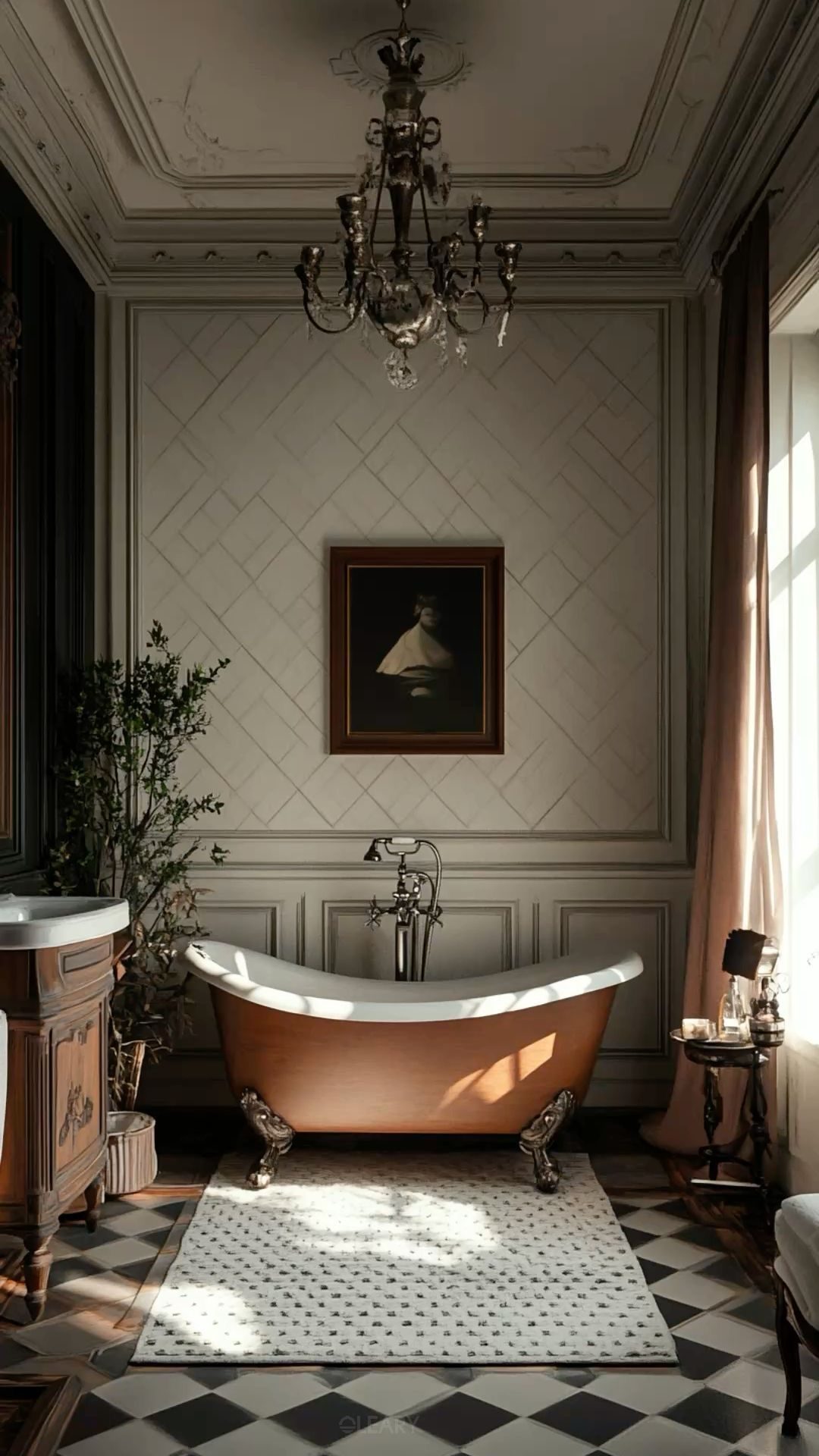 Copper-finish claw-foot bathtub with bronze filler beneath vintage chandelier, walnut vanity and chevron tile wall in neo-classical bathroom.