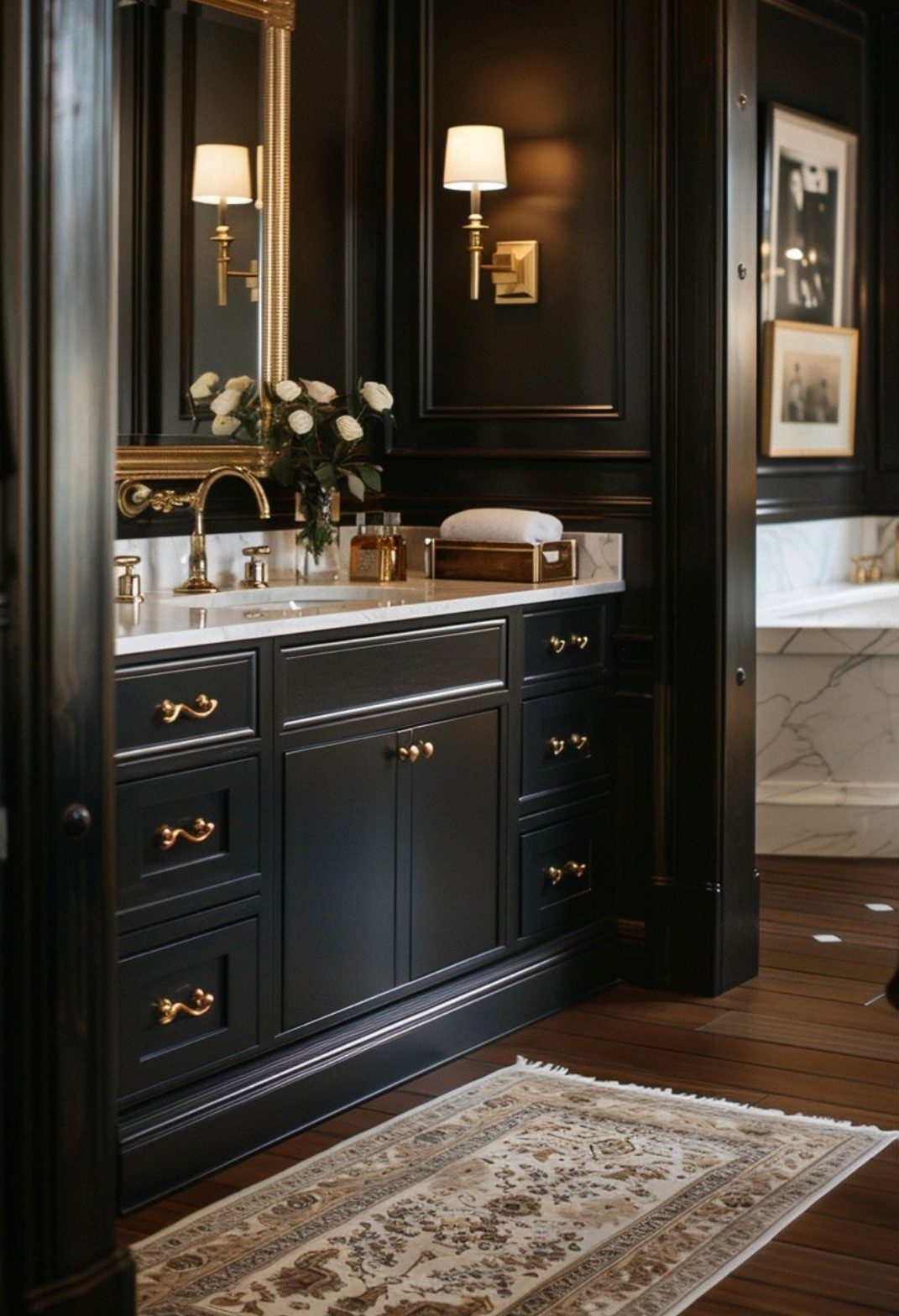 Charcoal-black vanity with satin-gold hardware, Carrara marble top and brass faucet in dark-panelled bathroom, marble tub in background.