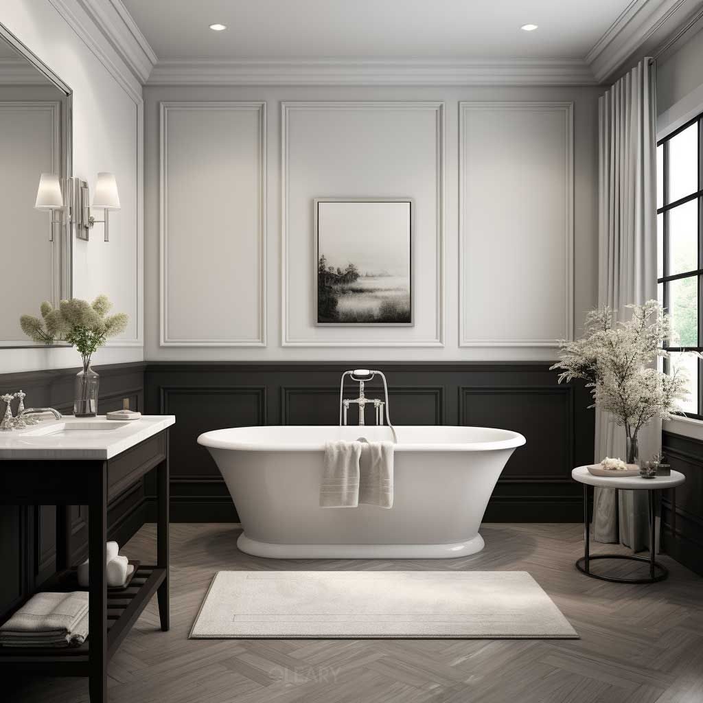 White pedestal freestanding bathtub centered on black-and-white panel walls, herringbone oak floor, black vanity with marble top and chrome fixtures.