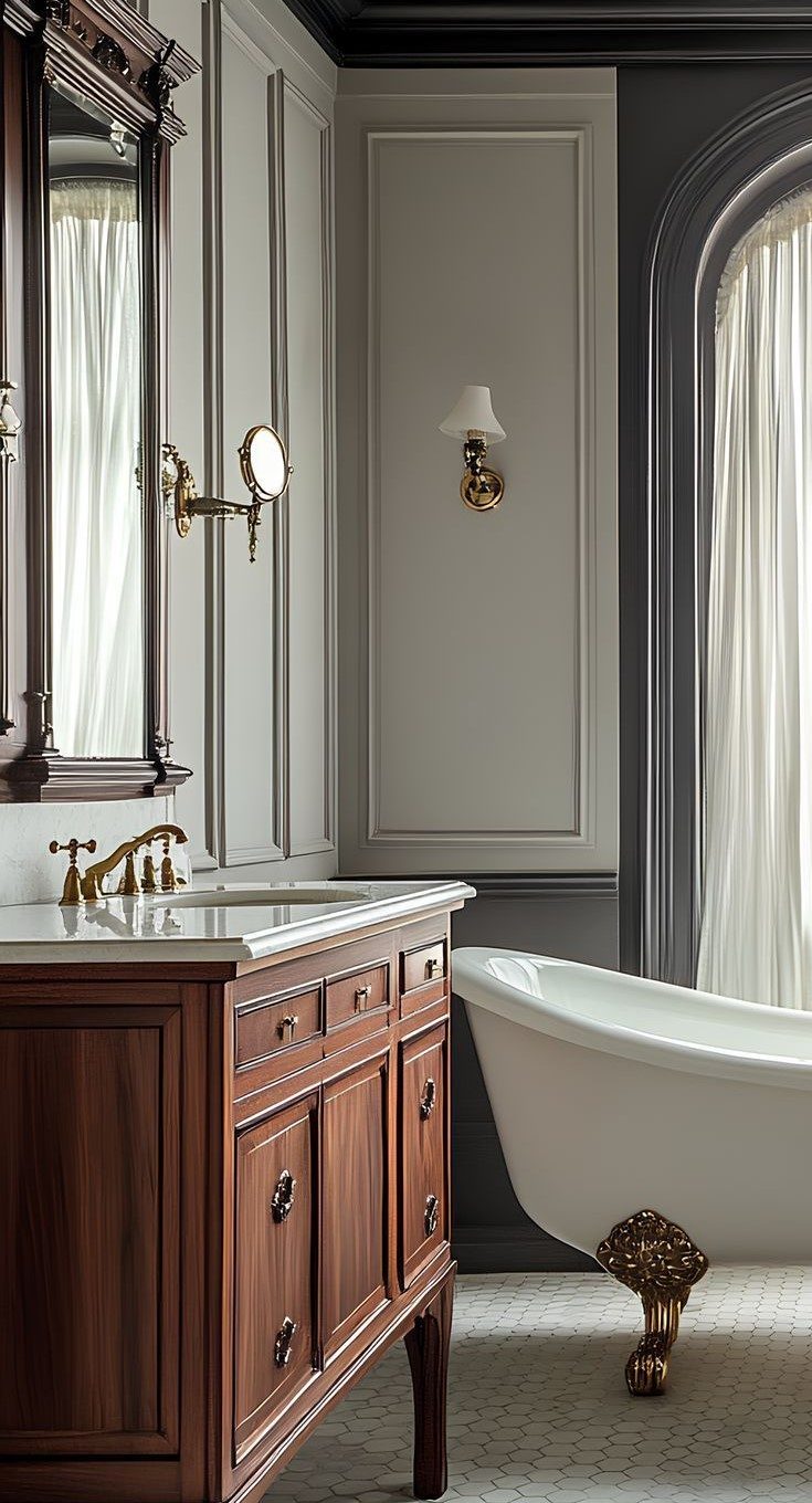 Solid Wood Vanity, Freestanding Bathtub, Clawfoot Tub, English Bathroom Style, Classic Bathroom, Custom Sanitary Ware, Vintage Faucet, Luxury Bath Design, Bathroom Decor, Interior Inspiration