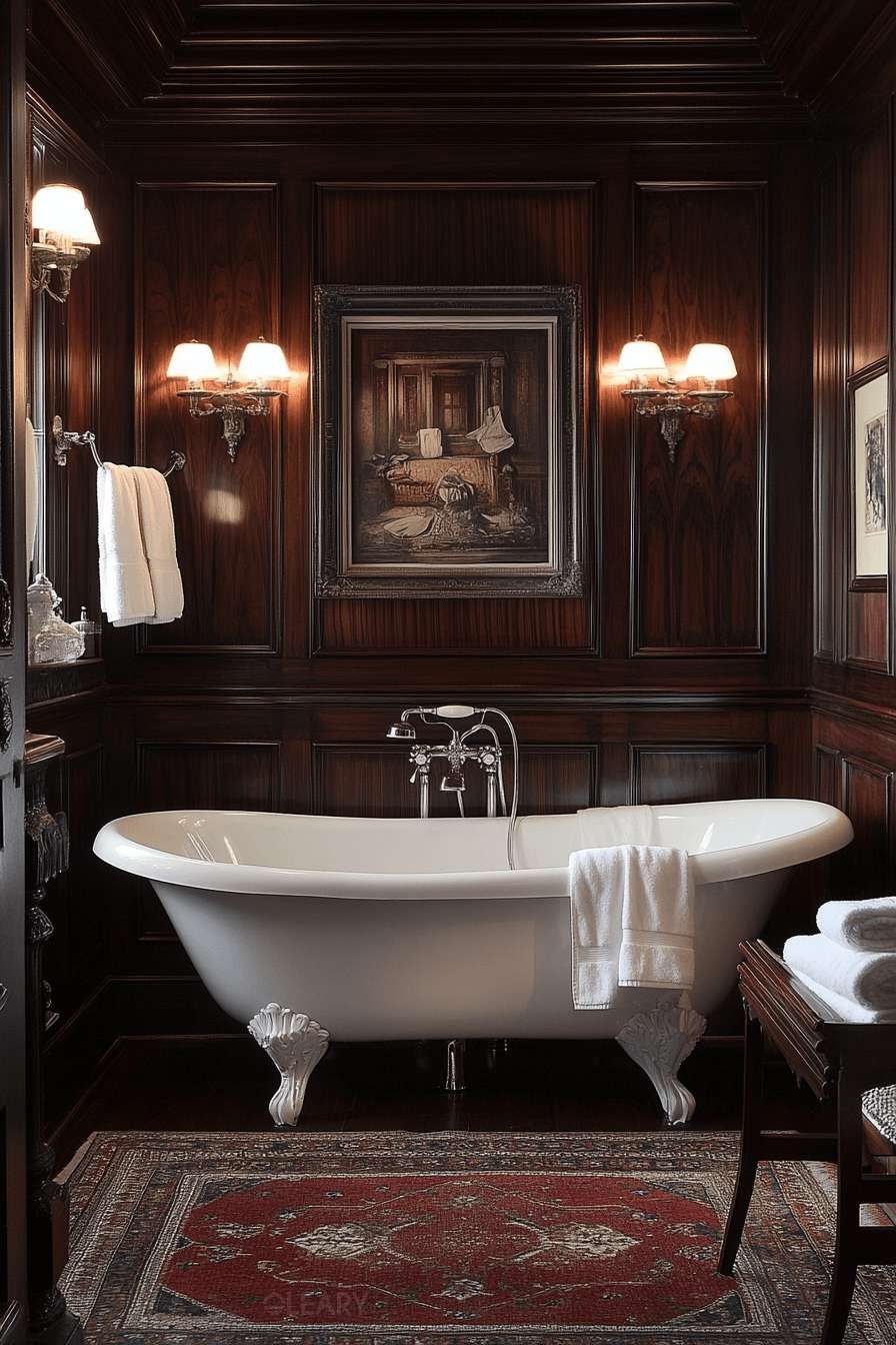American-style bathroom with carved vintage mirror, dark wood vanity, freestanding solid surface tub, and white wall tile accents.