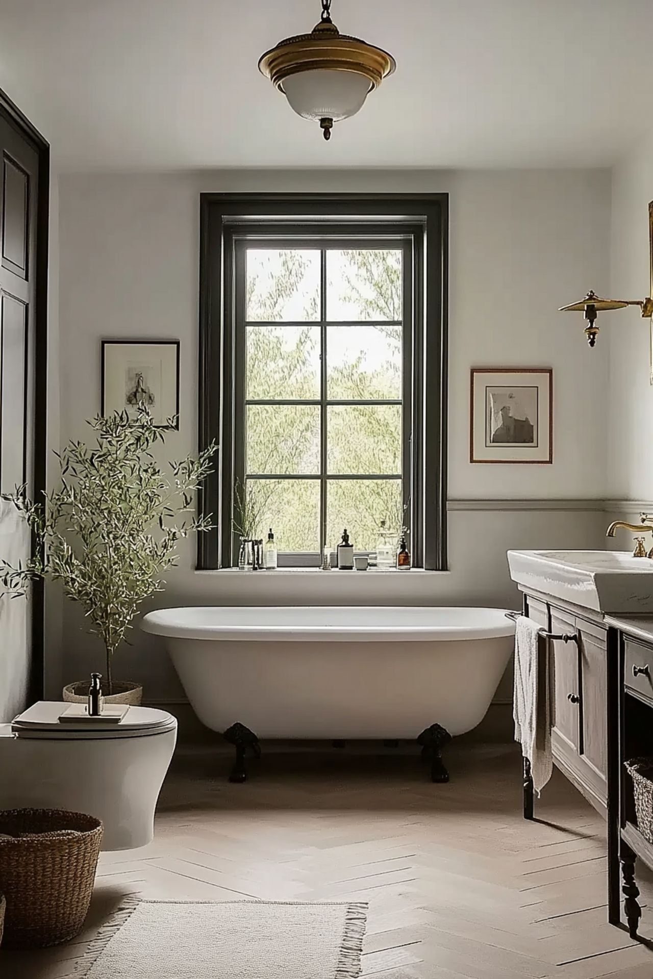 Modern minimalist bathroom with a black-foot freestanding bathtub, natural greenery, wooden herringbone flooring, and matte white walls.