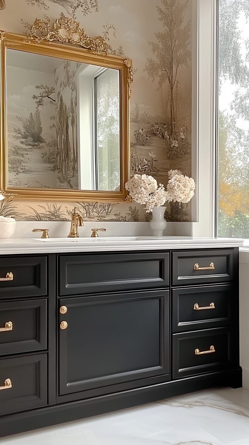 French Vintage Bathroom Vanity with Black Solid Wood Cabinet, Golden Handles, and Ornate Golden Mirror Frame, Full of Elegance

